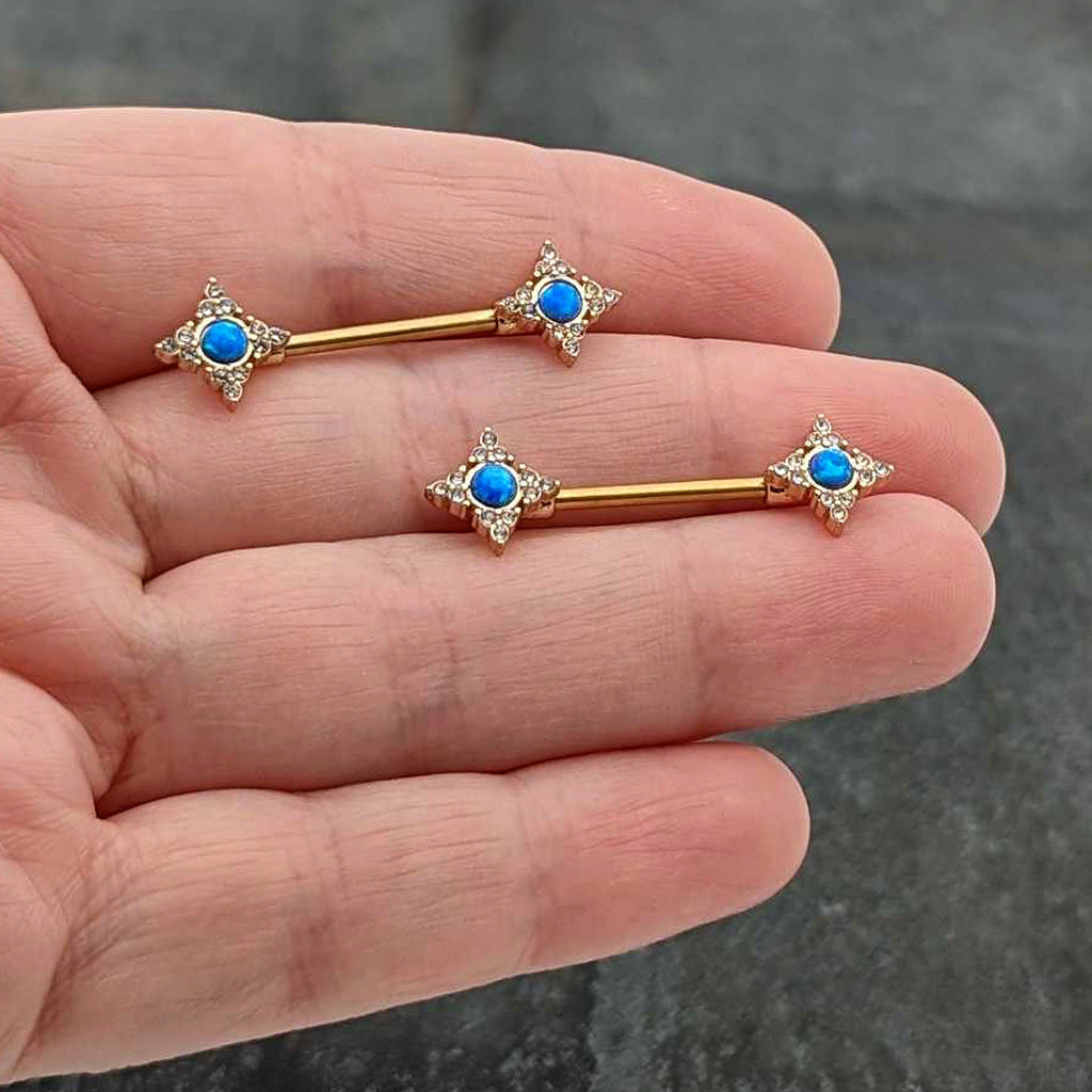 14G 9/16 Blue Synthetic Opal Gold Tone Rhombus Nipple Ring Set