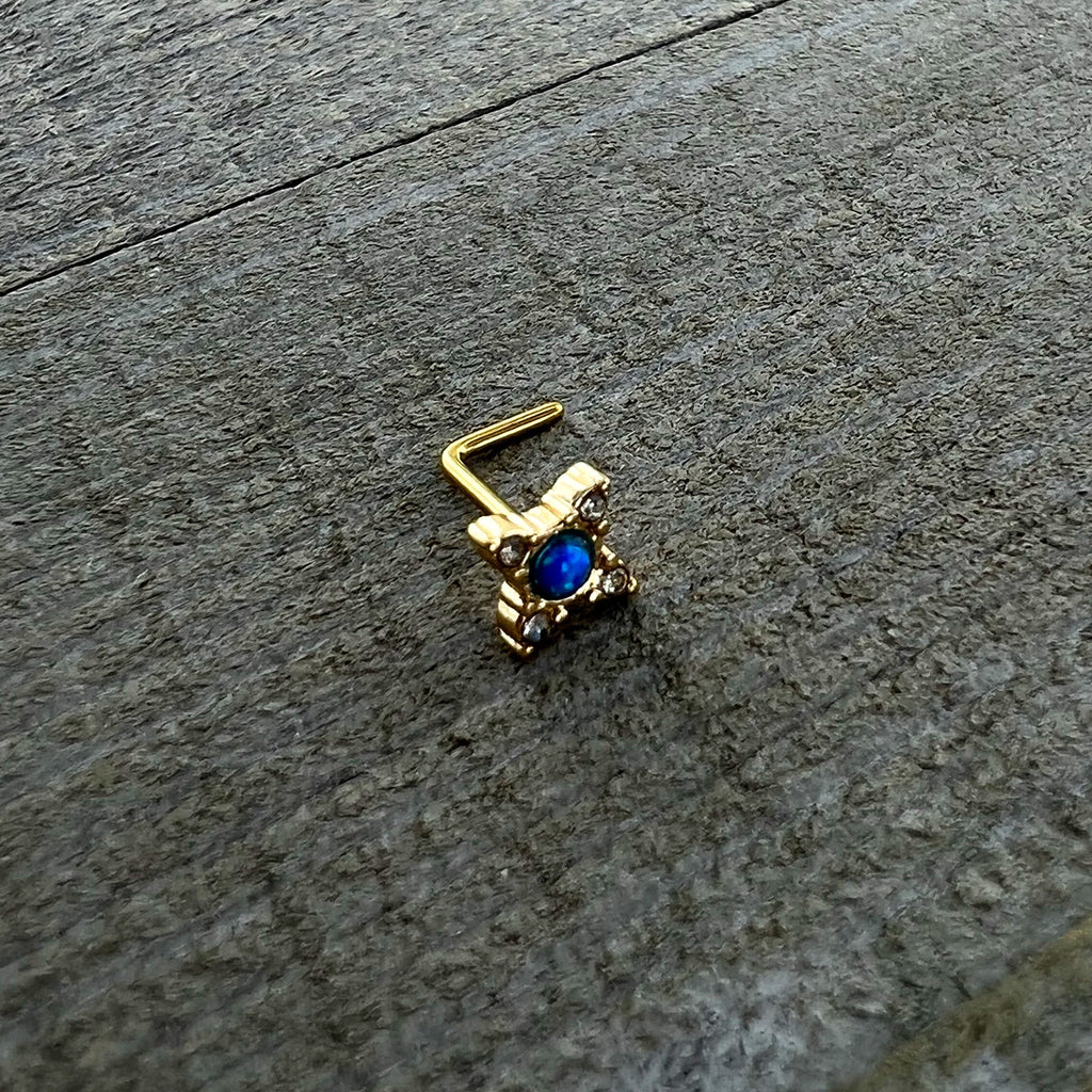 20G 1/4 Blue Synthetic Opal Gold Hue Rhombus L Shape Nose Ring
