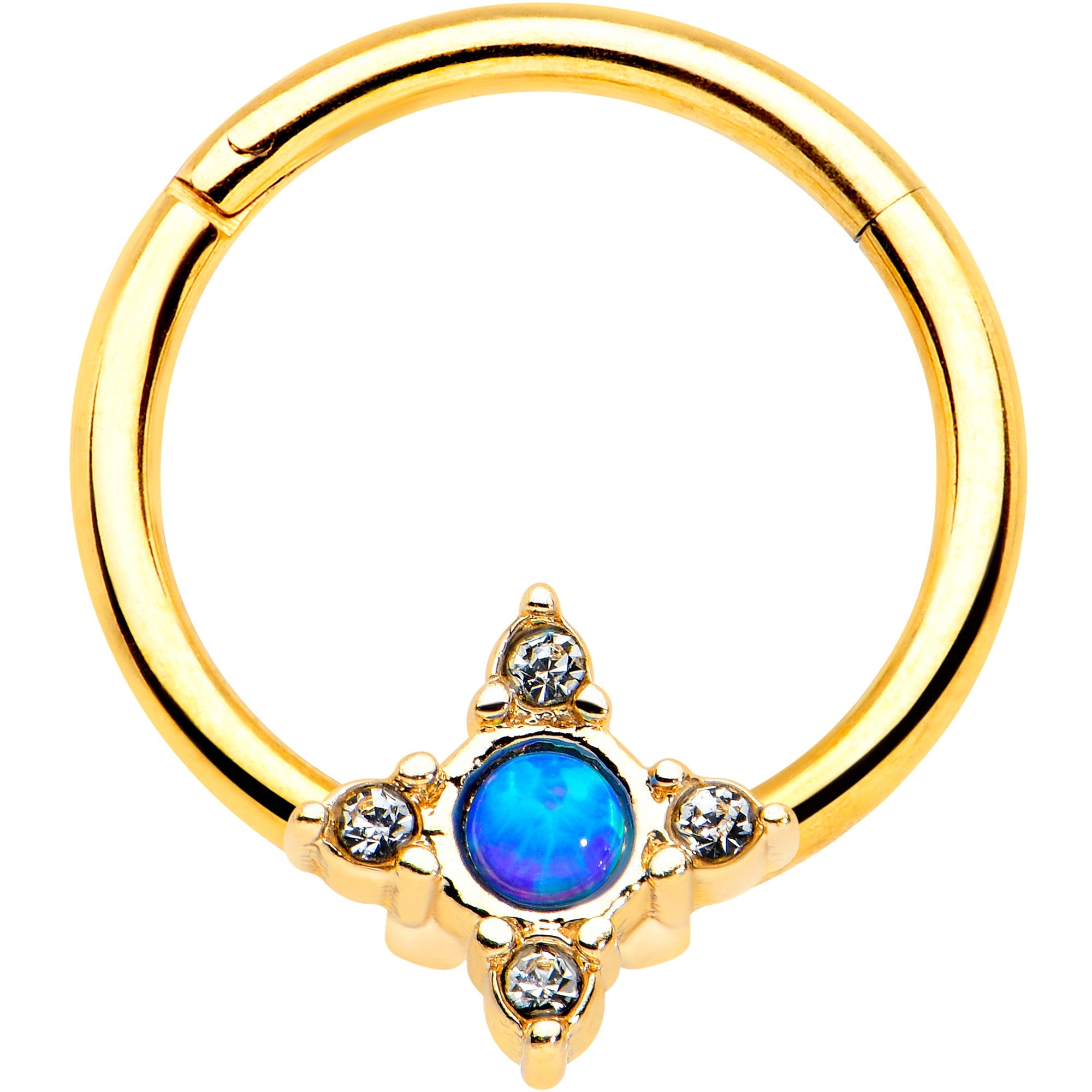 16G 3/8 Blue Synthetic Opal Gold Hue Rhombus Hinged Segment Ring