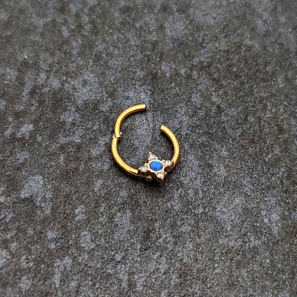 16G 3/8 Blue Synthetic Opal Gold Hue Rhombus Hinged Segment Ring