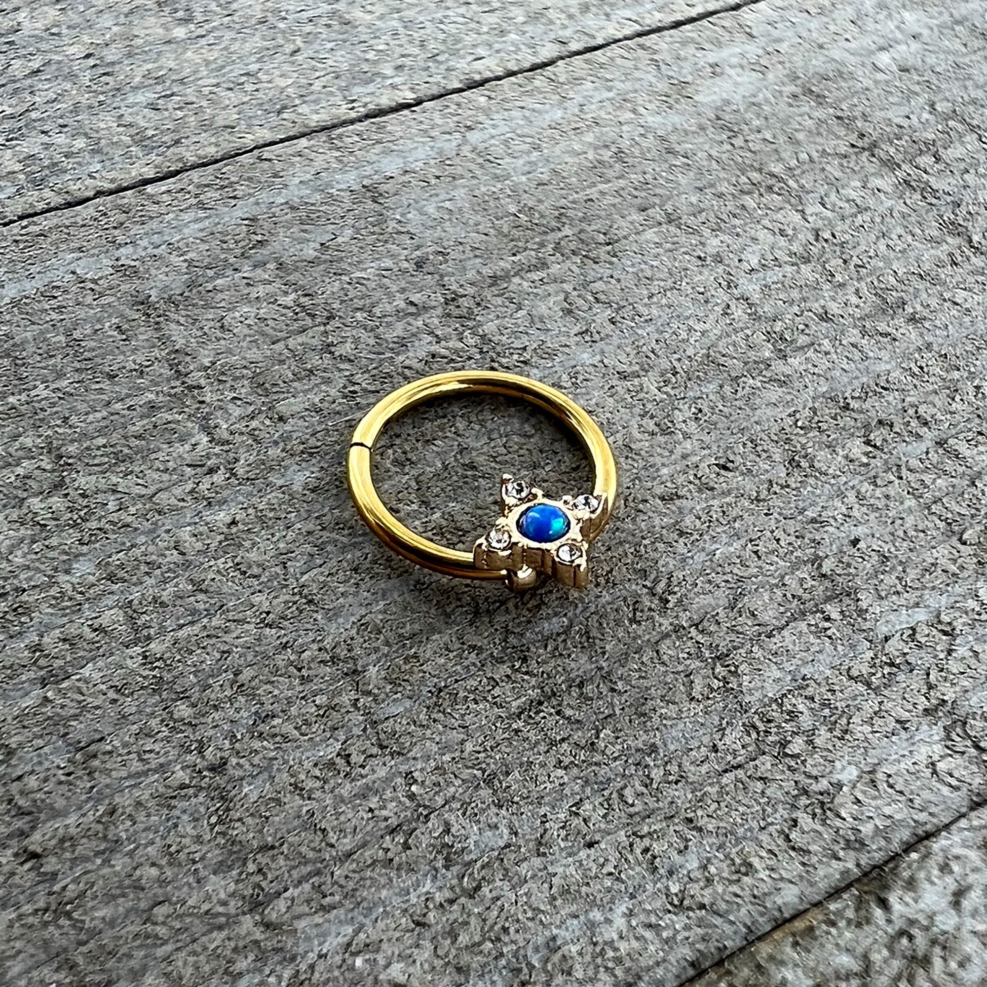 16G 3/8 Blue Synthetic Opal Gold Hue Rhombus Hinged Segment Ring