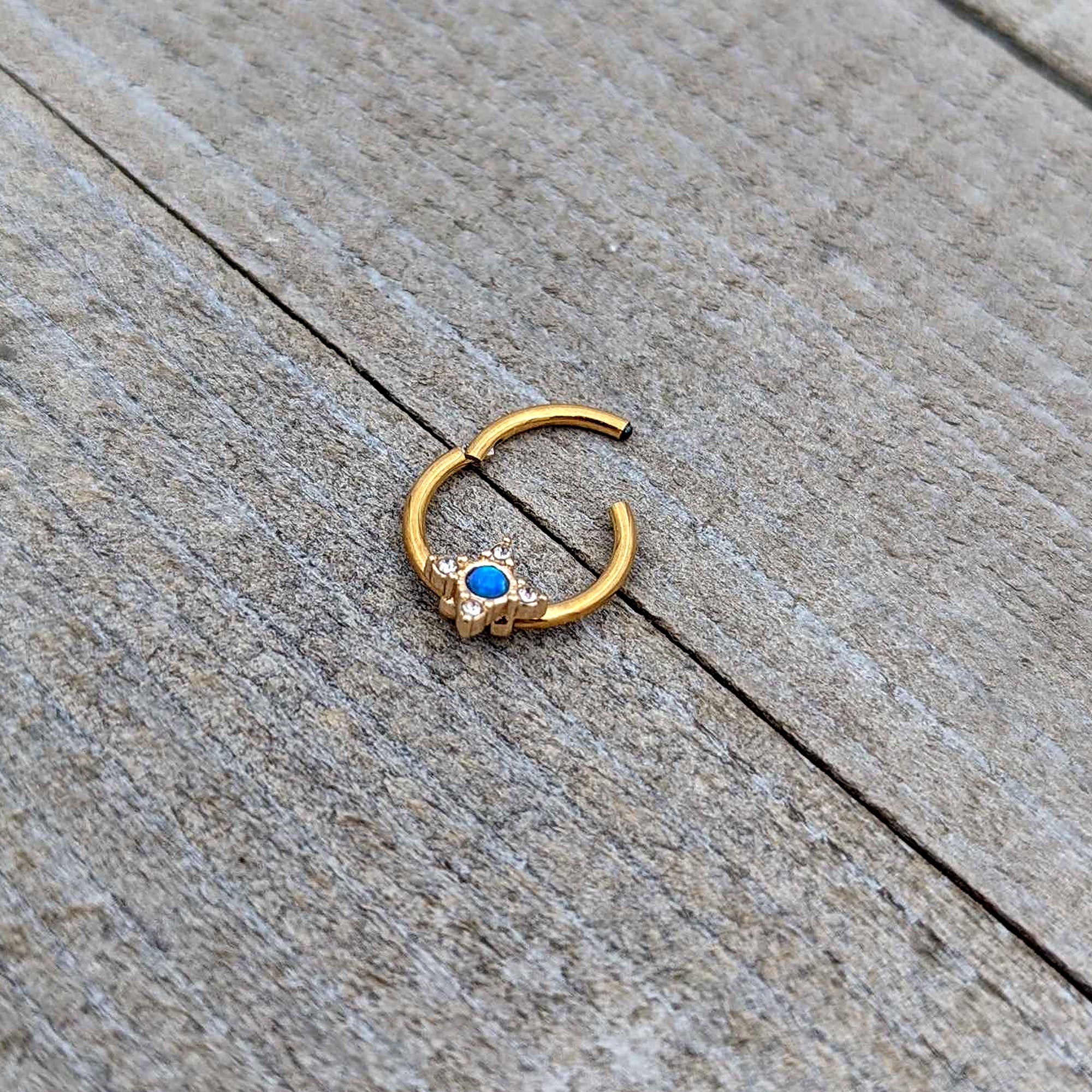 16G 3/8 Blue Synthetic Opal Gold Hue Rhombus Hinged Segment Ring