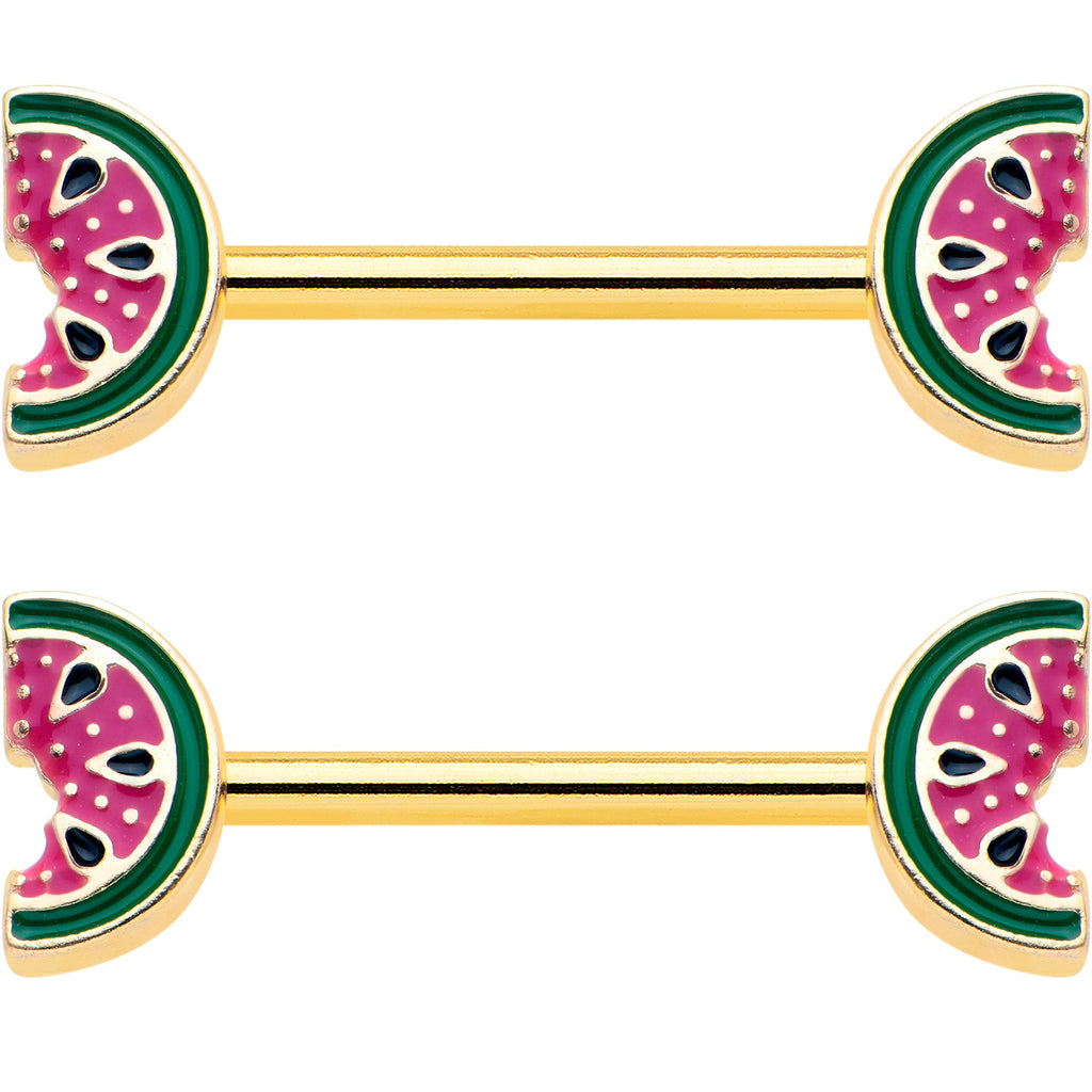 14G 9/16 Gold Tone Watermelon Bite Barbell Nipple Ring Set