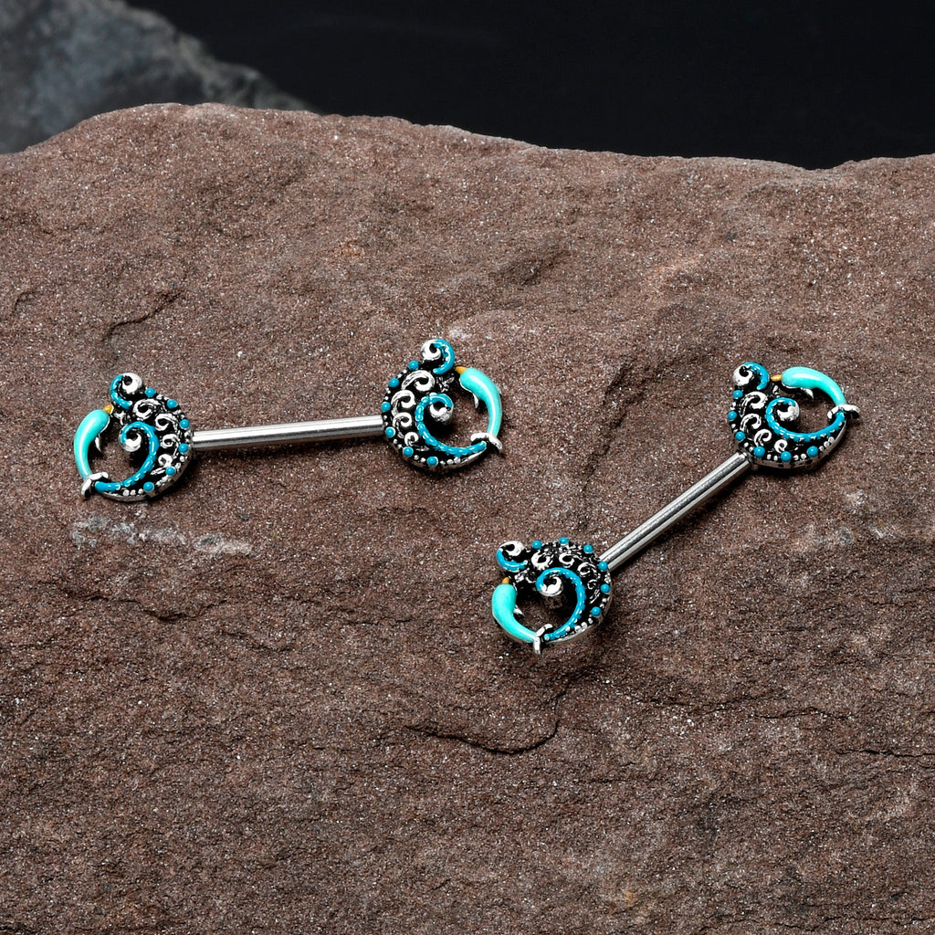 14G 9/16 Leaping Blue Dolphin Barbell Nipple Ring Set