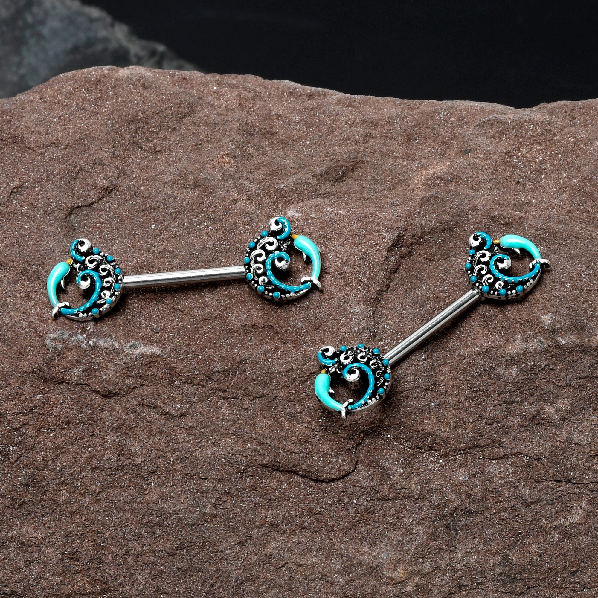 14G 9/16 Leaping Blue Dolphin Barbell Nipple Ring Set
