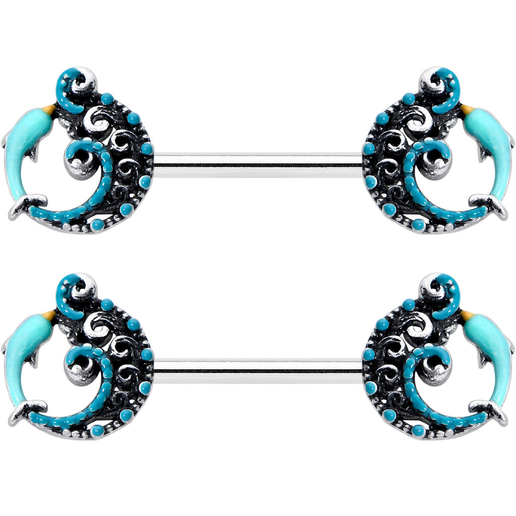 14G 9/16 Leaping Blue Dolphin Barbell Nipple Ring Set