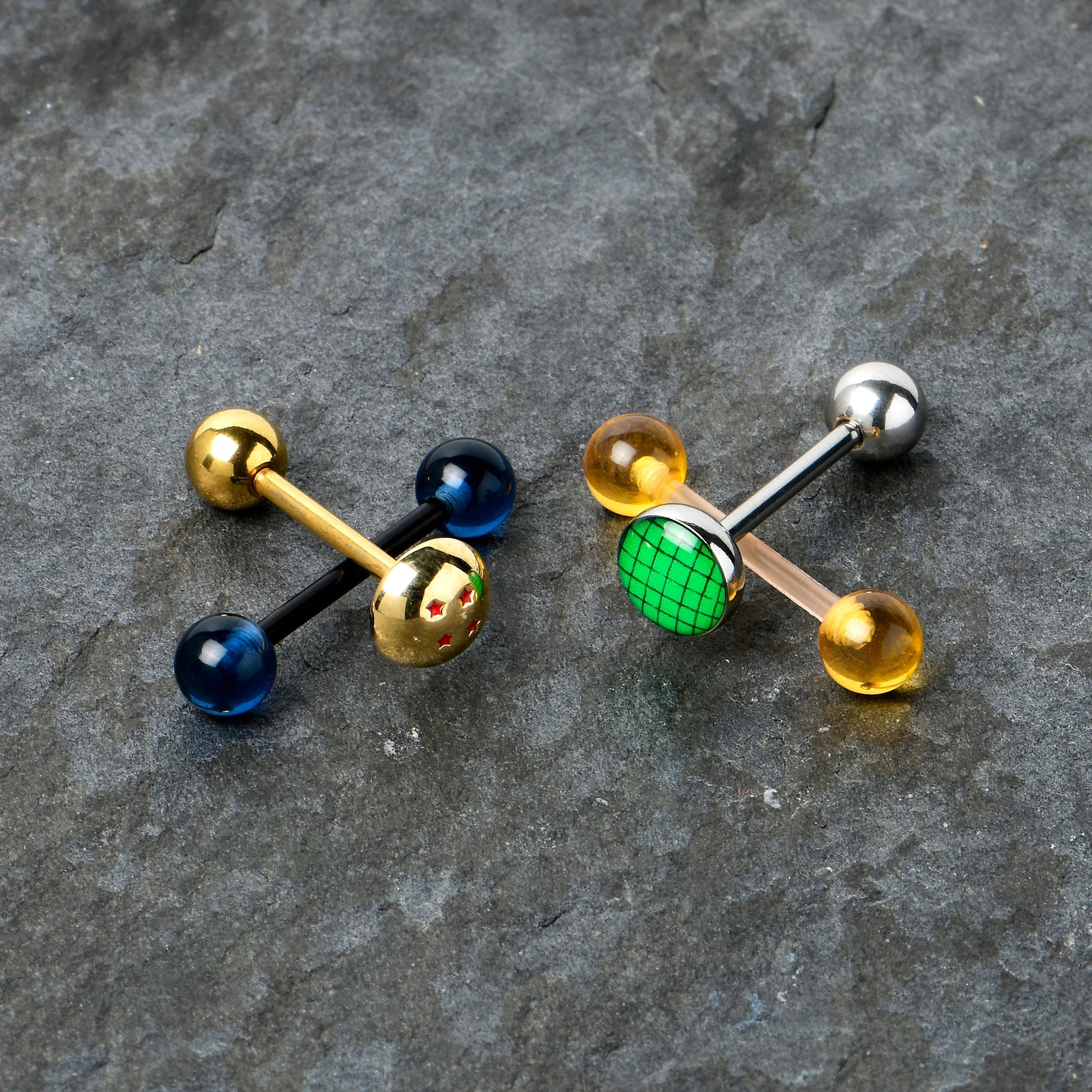 Licensed Dragonball Z Gold Tone Blue Green Barbell Tongue Ring Set of 4