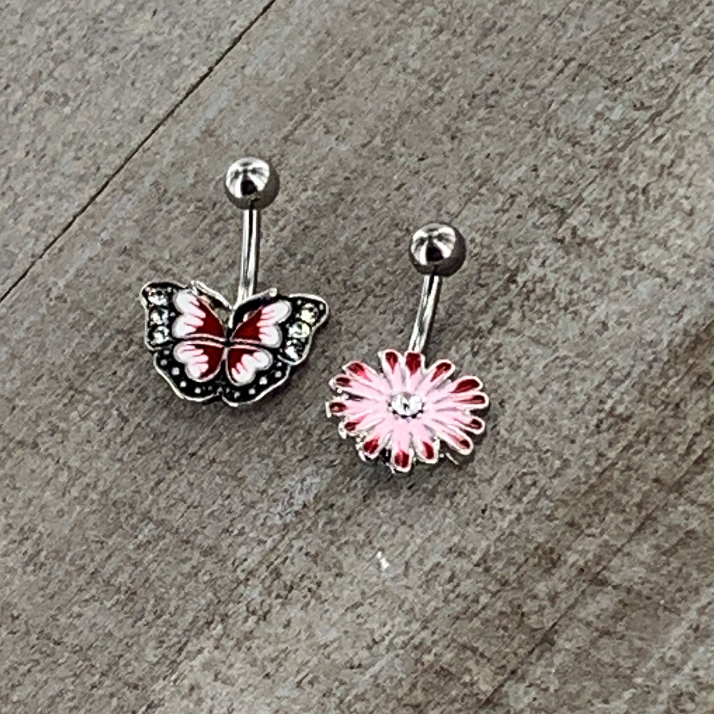 Clear Gem Red Light Pink Butterfly Flower Belly Ring Set of 2