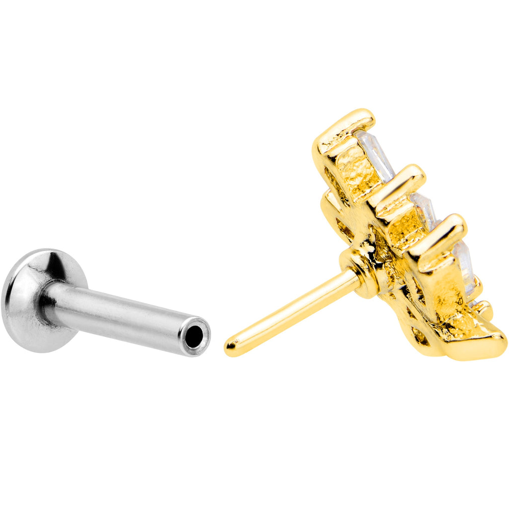 16G 1/4 Clear CZ Gem Leafy Golden Branch Threadless Labret Tragus