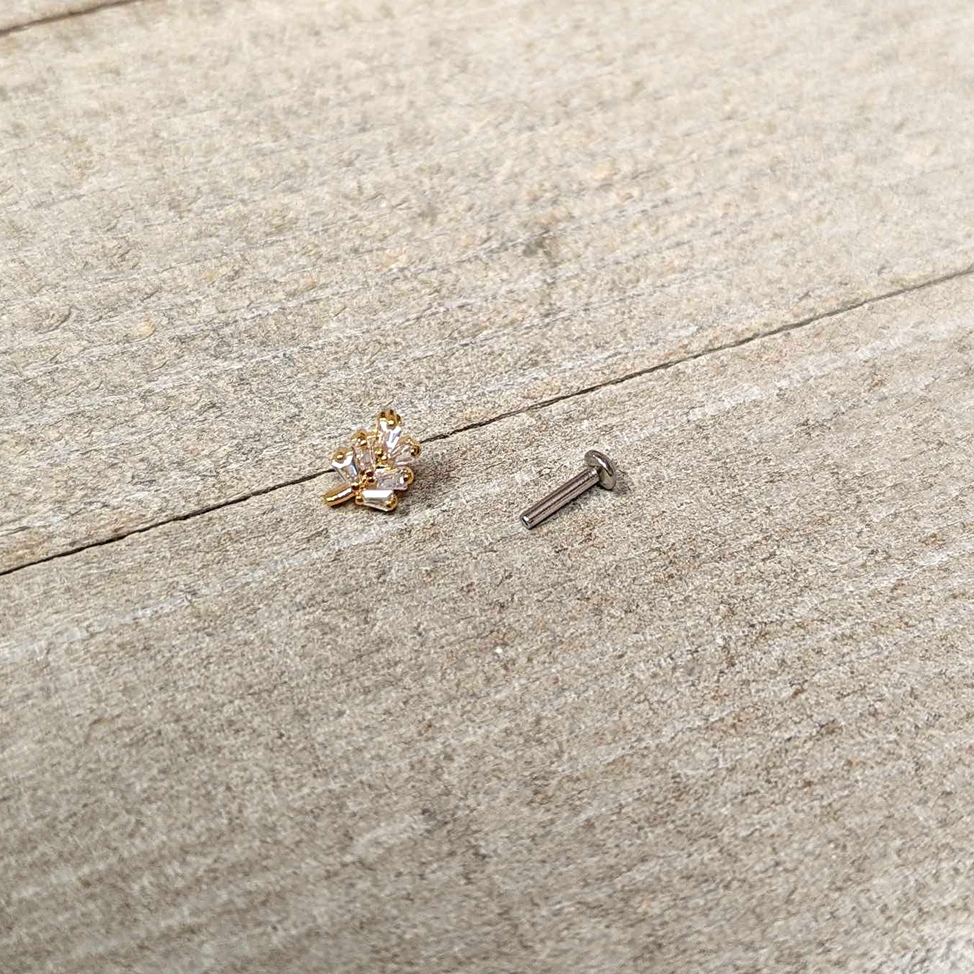 16G 1/4 Clear CZ Gem Leafy Golden Branch Threadless Labret Tragus