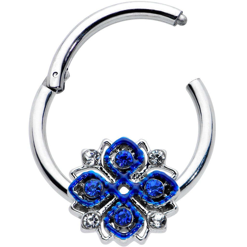 16G 3/8 Blue Clear Gem Embellished Cross Hinged Segment Ring
