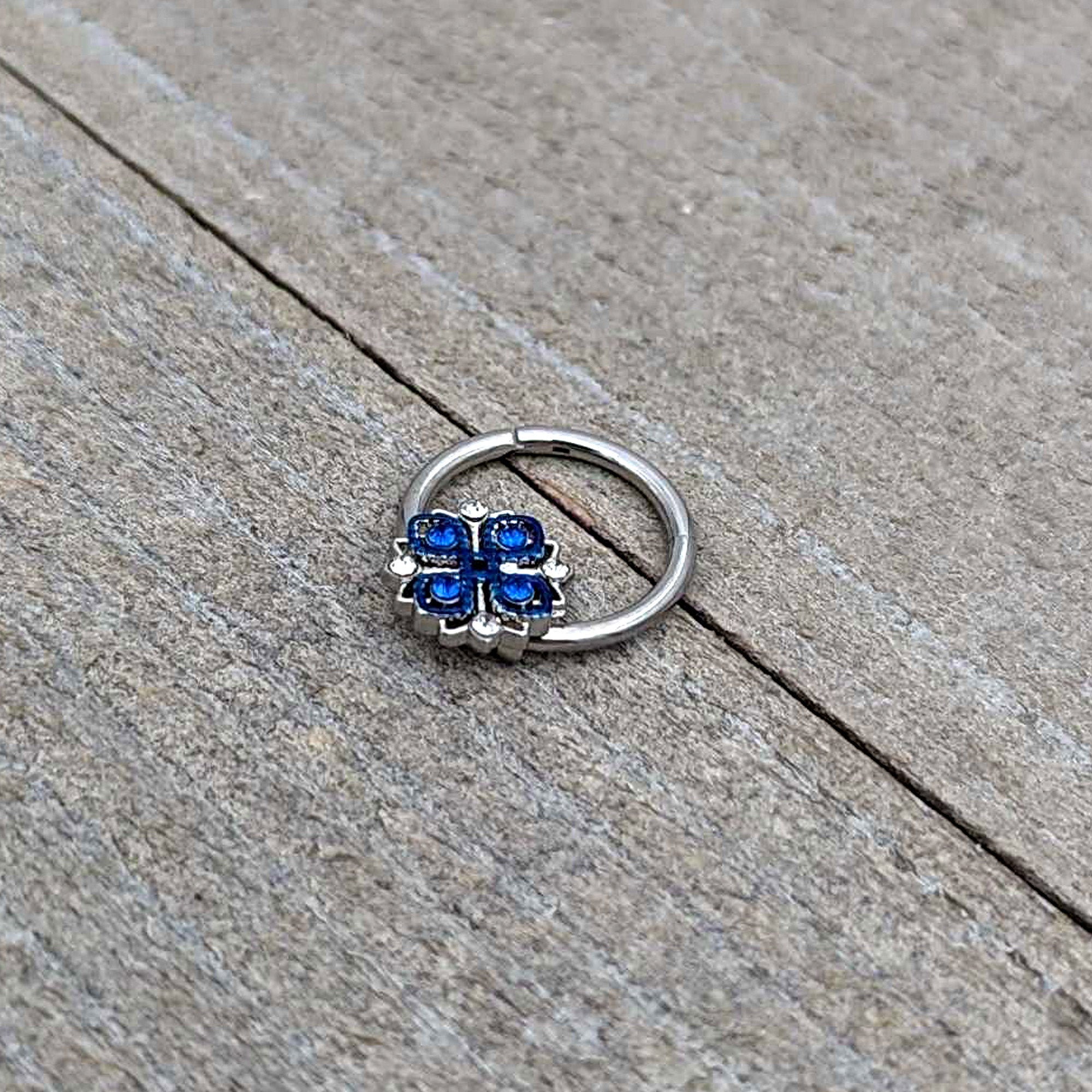 16G 3/8 Blue Clear Gem Embellished Cross Hinged Segment Ring