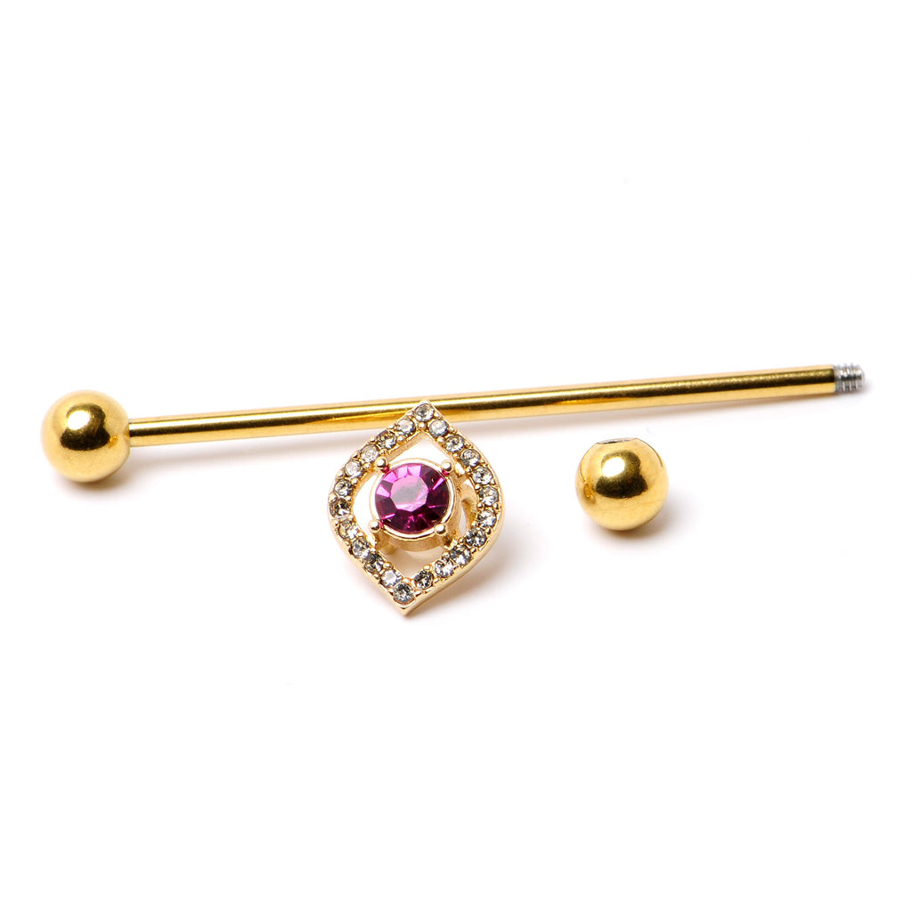 14G Clear Pink Gem Gold Tone Open Eye Industrial Barbell 38mm
