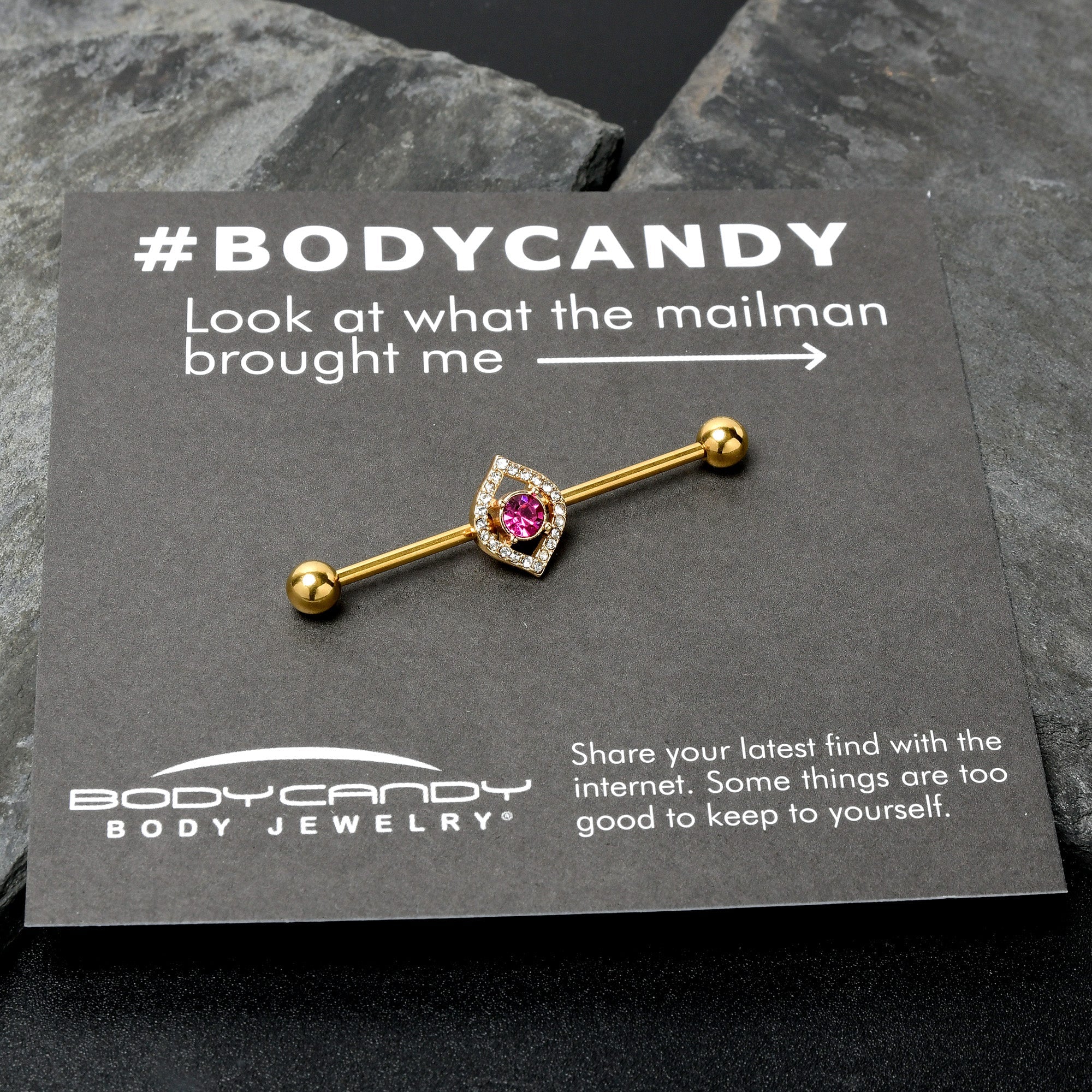 14G Clear Pink Gem Gold Tone Open Eye Industrial Barbell 38mm