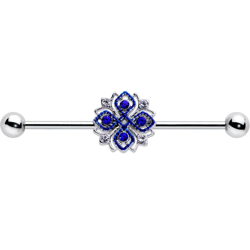 14G Clear Blue Gem Embellished Cross Industrial Barbell 38mm