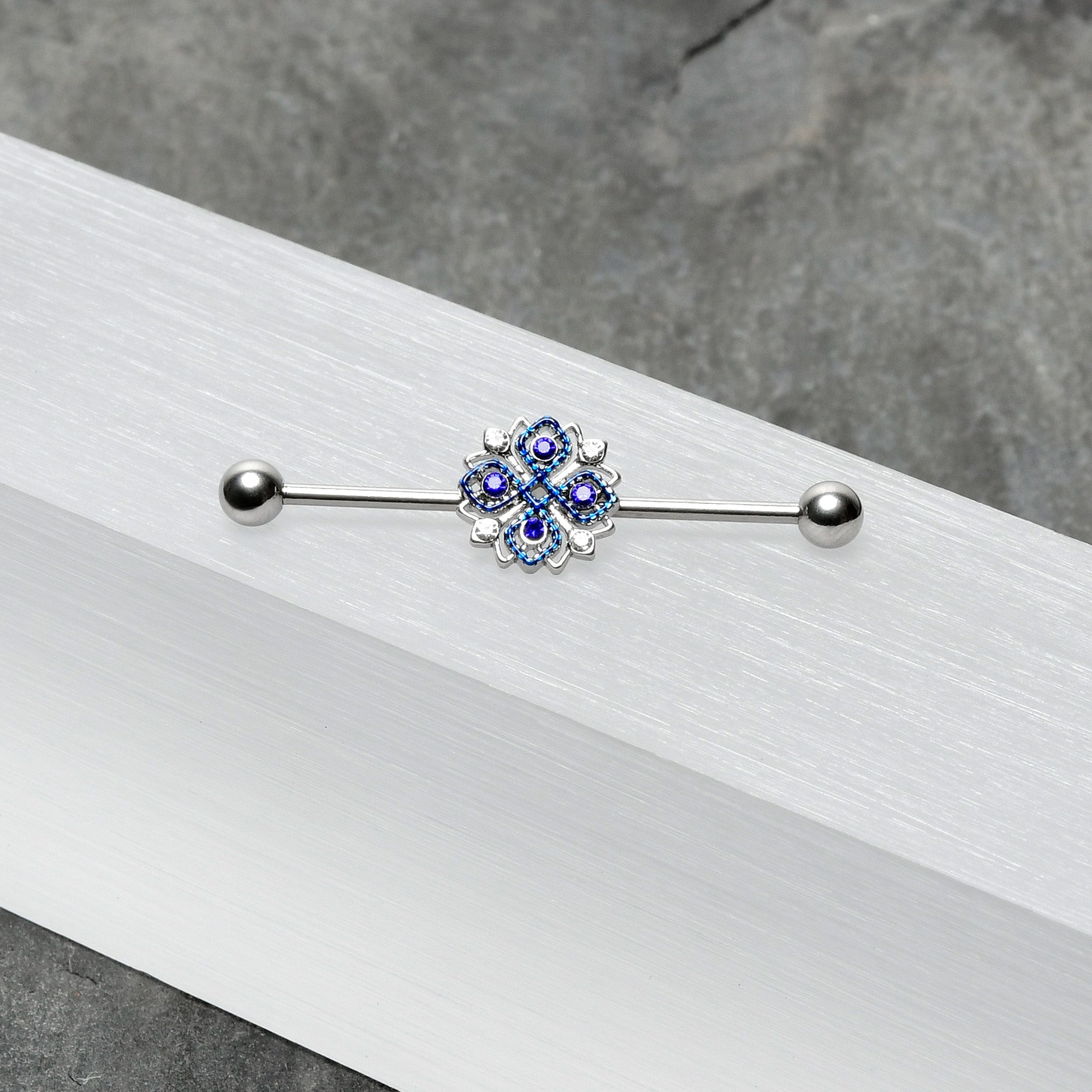 14G Clear Blue Gem Embellished Cross Industrial Barbell 38mm