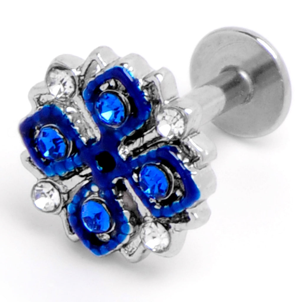16G 1/4 Clear Blue Gem Embellished Cross Labret