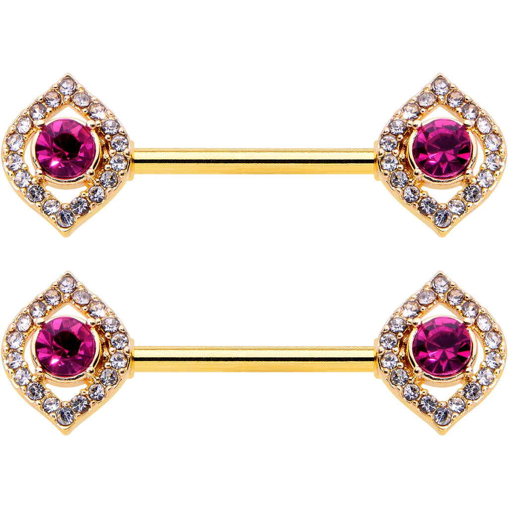 14G 9/16 Clear Pink Gem Gold Tone Open Eye Barbell Nipple Ring Set