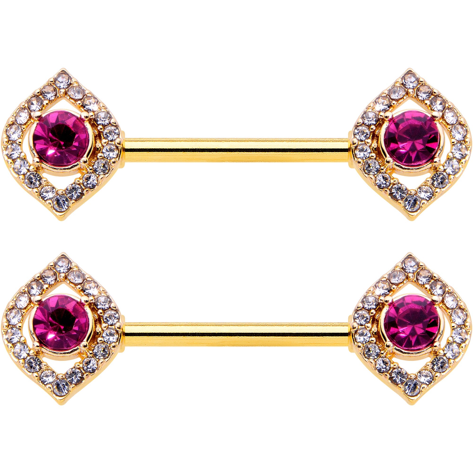 14G 9/16 Clear Pink Gem Gold Tone Open Eye Barbell Nipple Ring Set