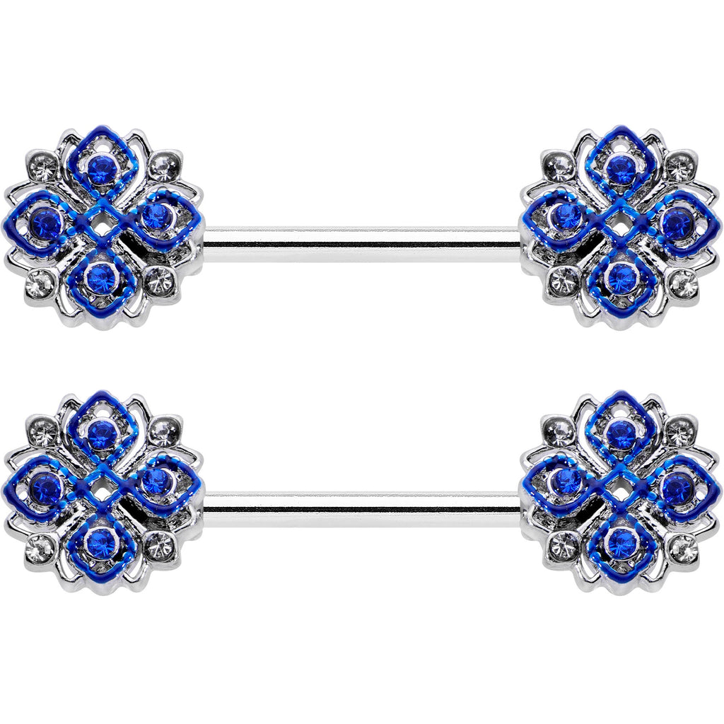 14G 9/16 Clear Blue Gem Embellished Cross Barbell Nipple Ring Set