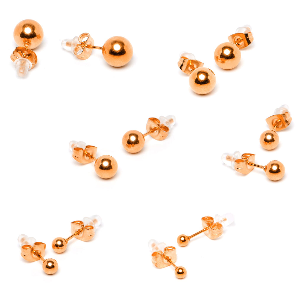 3mm-8mm Ball Stud Rose Gold Tone 316L Stainless Steel Earrings 6 Pack