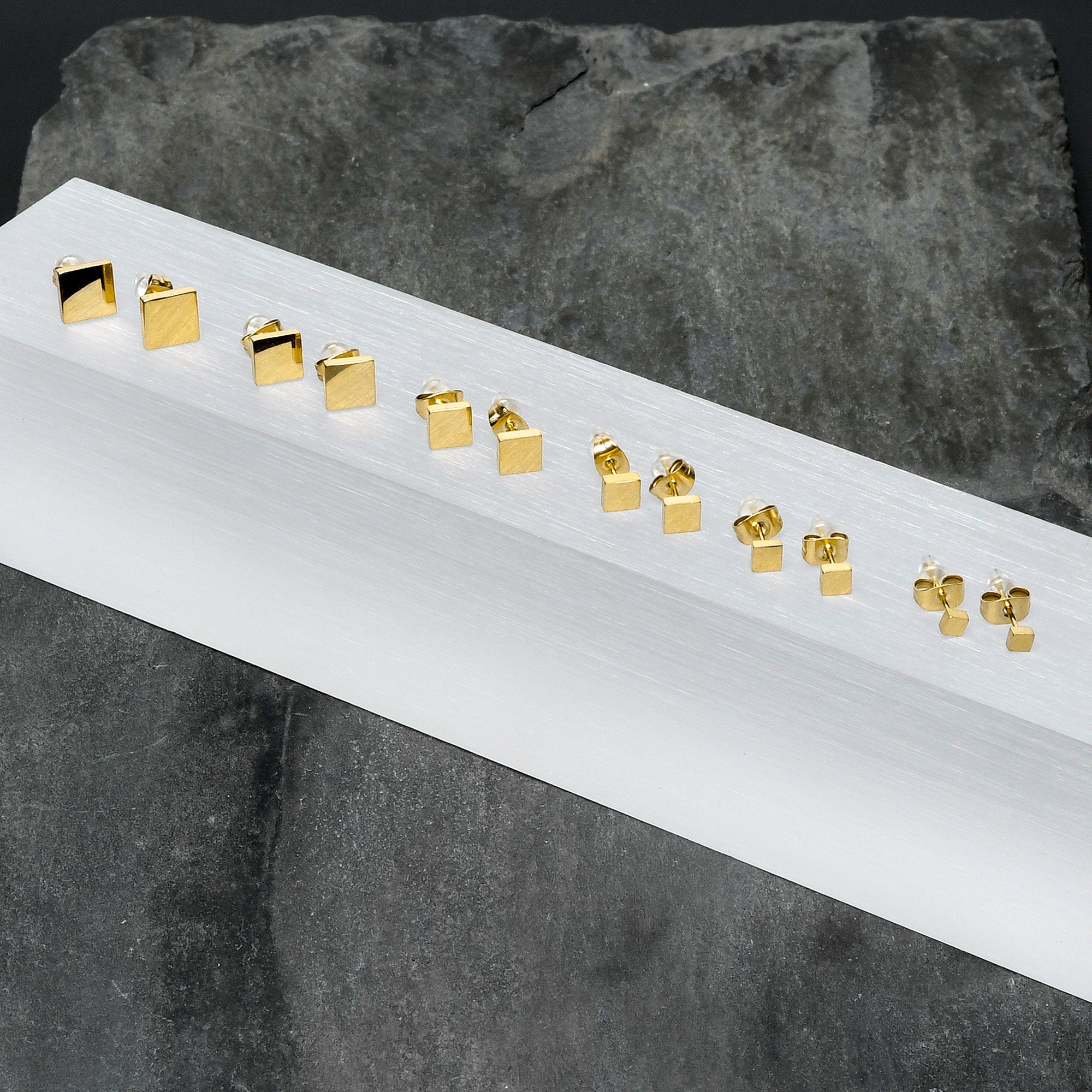 3mm-8mm Square Stud Gold Tone 316L Stainless Steel Earrings 6 Pack