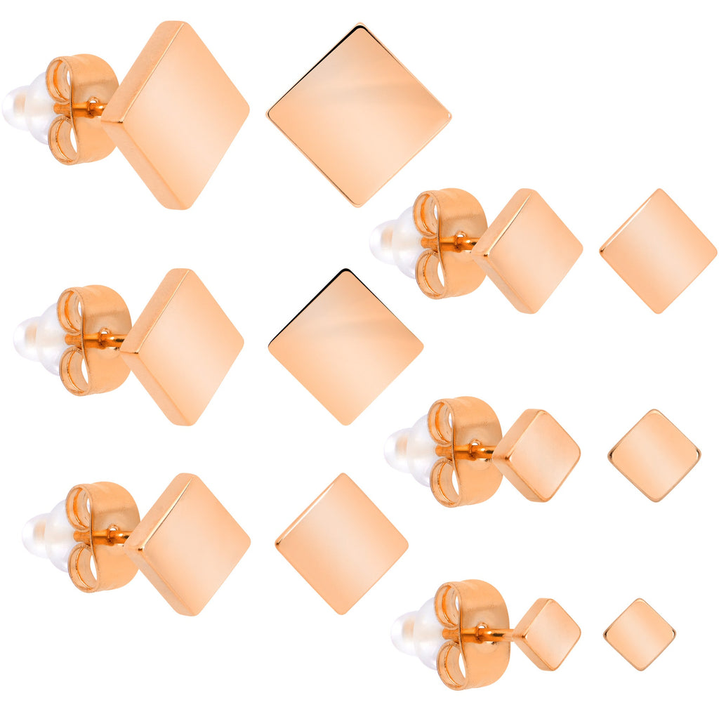 3mm-8mm Square Stud Rose Gold Tone 316L Stainless Steel Earrings 6 Pack