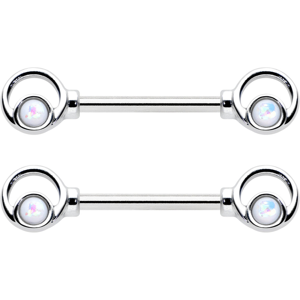14G 1/2 White Faux Opal Double Circle Barbell Nipple Ring Set