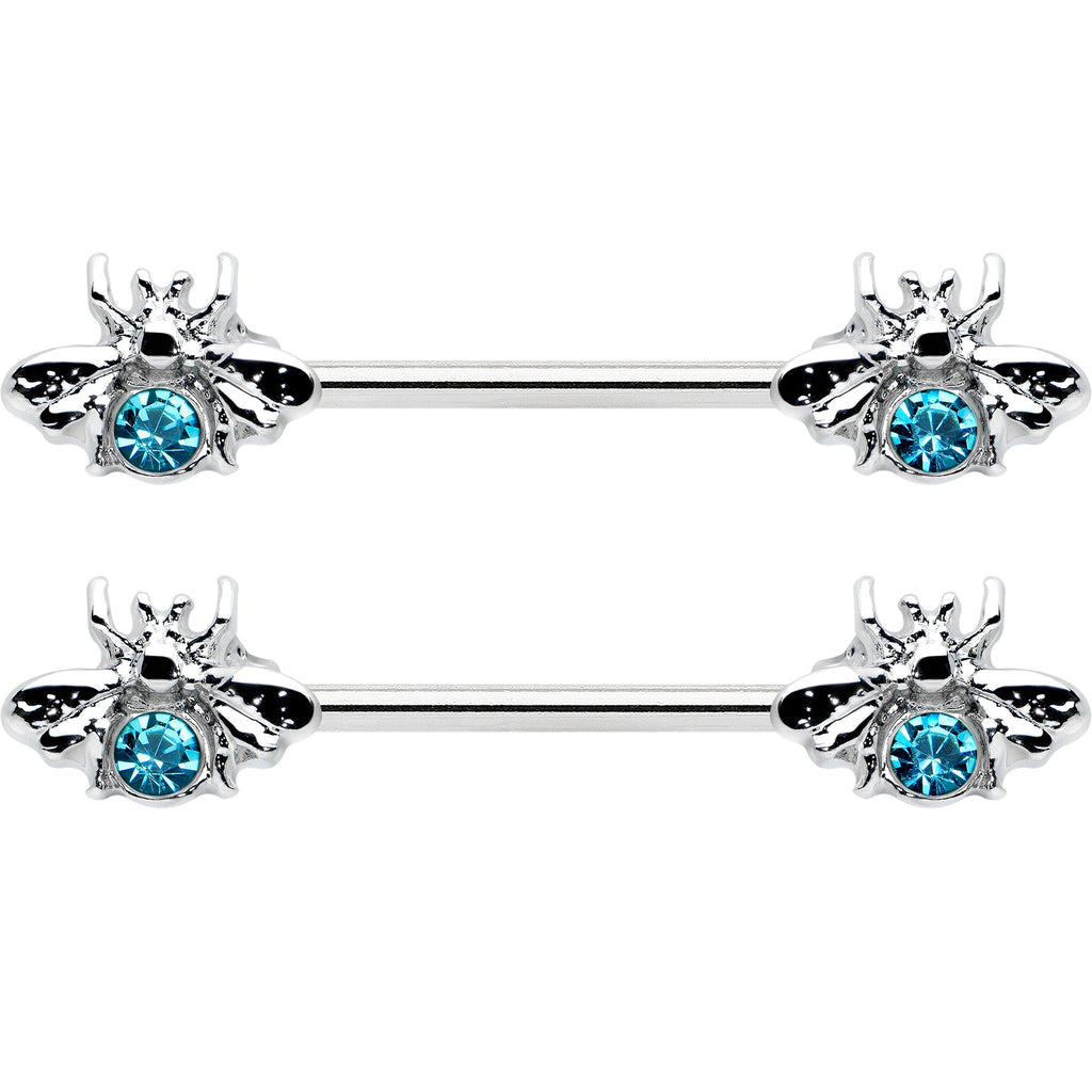 14G 9/16 Blue Gem Bee Beautiful Insect Barbell Nipple Ring Set