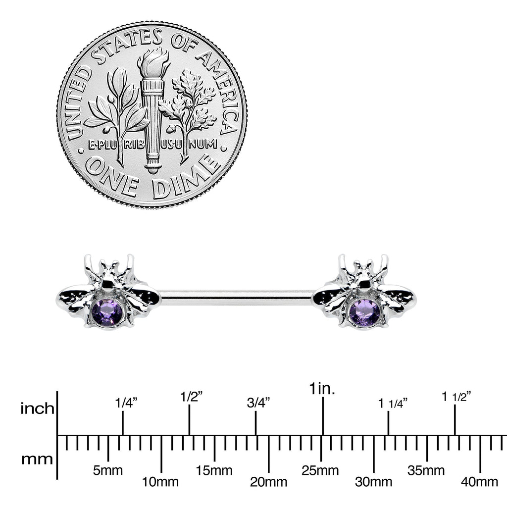 14G 9/16 Purple Gem Bee Beautiful Insect Barbell Nipple Ring Set
