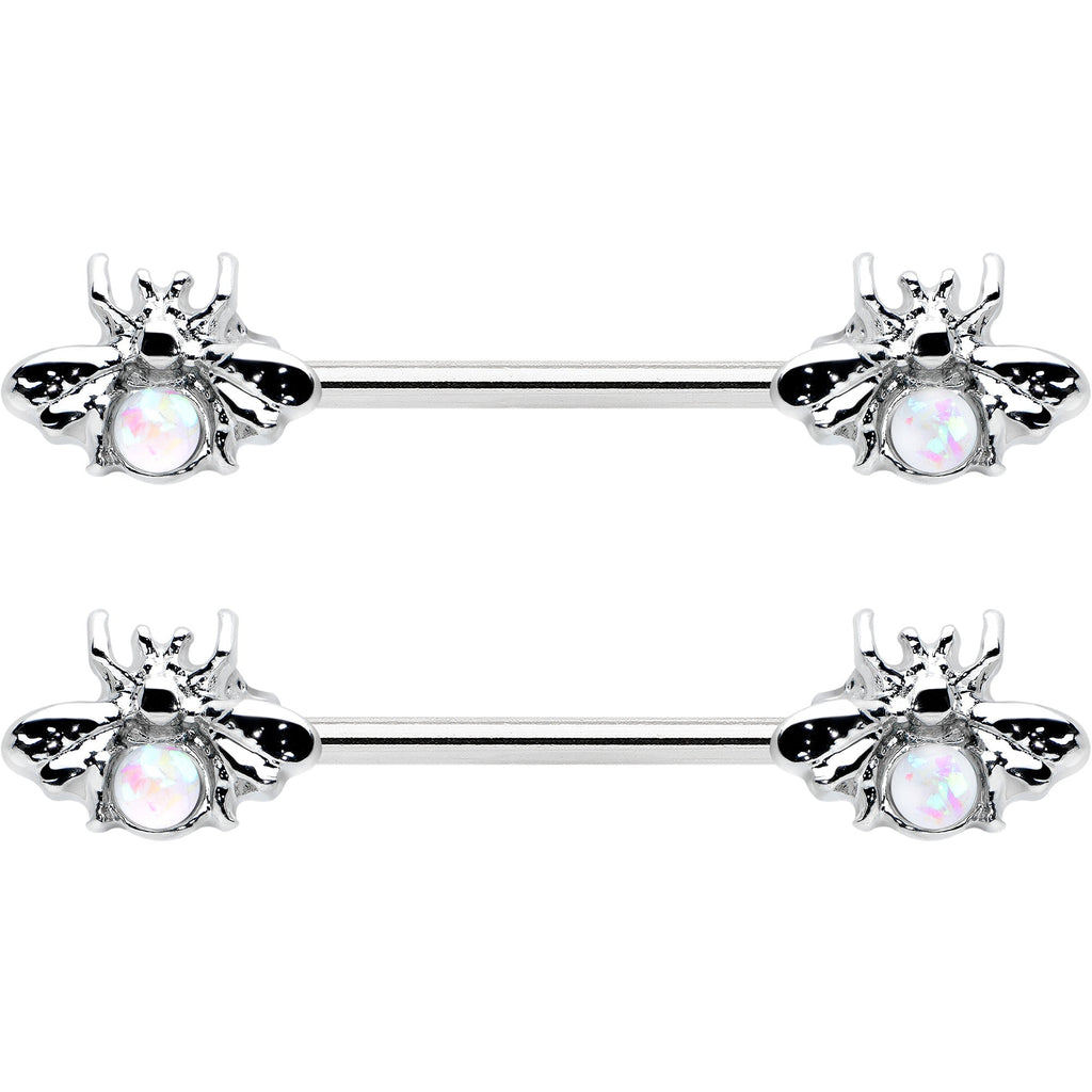 14G 9/16 White Faux Opal Bee Beauty Insect Barbell Nipple Ring Set