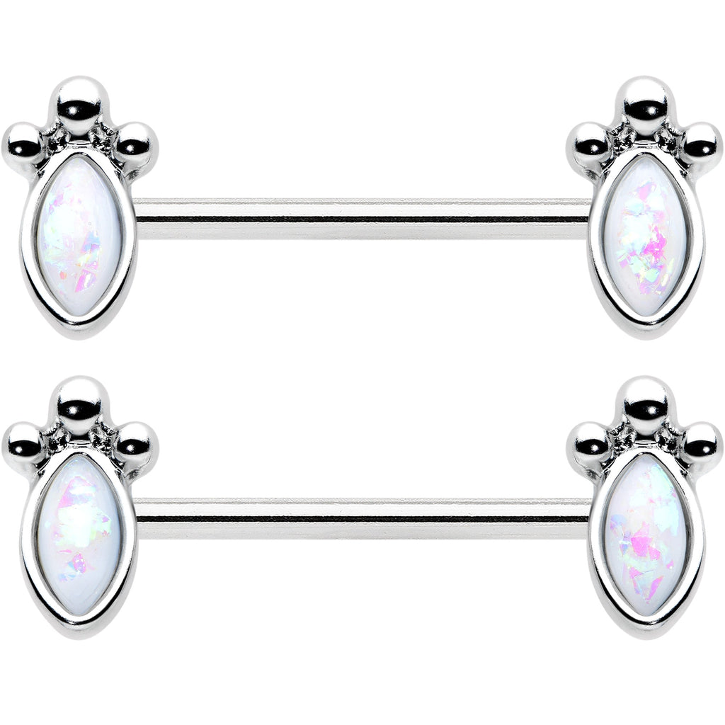 14G 9/16 White Faux Opal Deco Ovals Barbell Nipple Ring Set