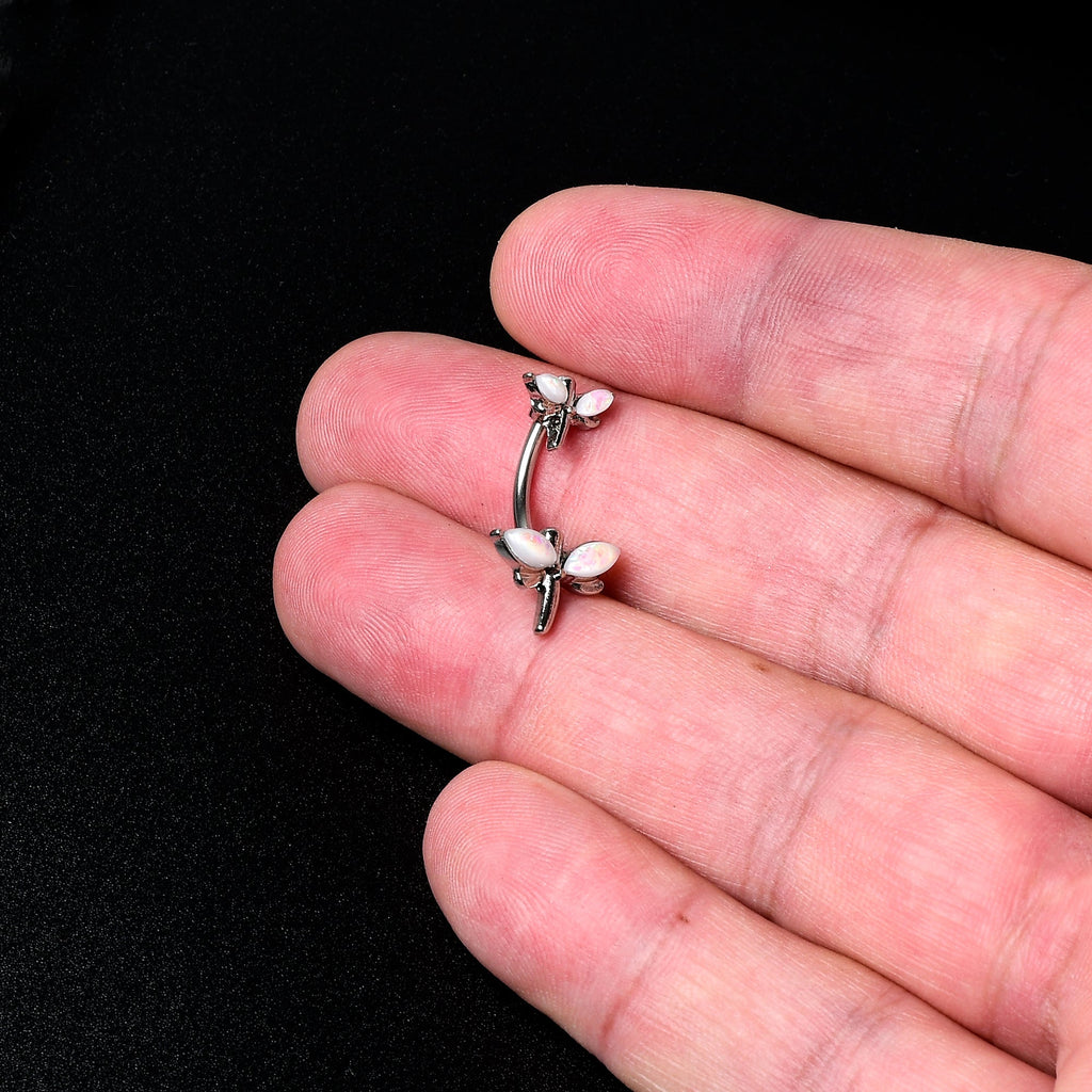White Opalescent Simple Stylized Dragonfly Double Mount Belly Ring