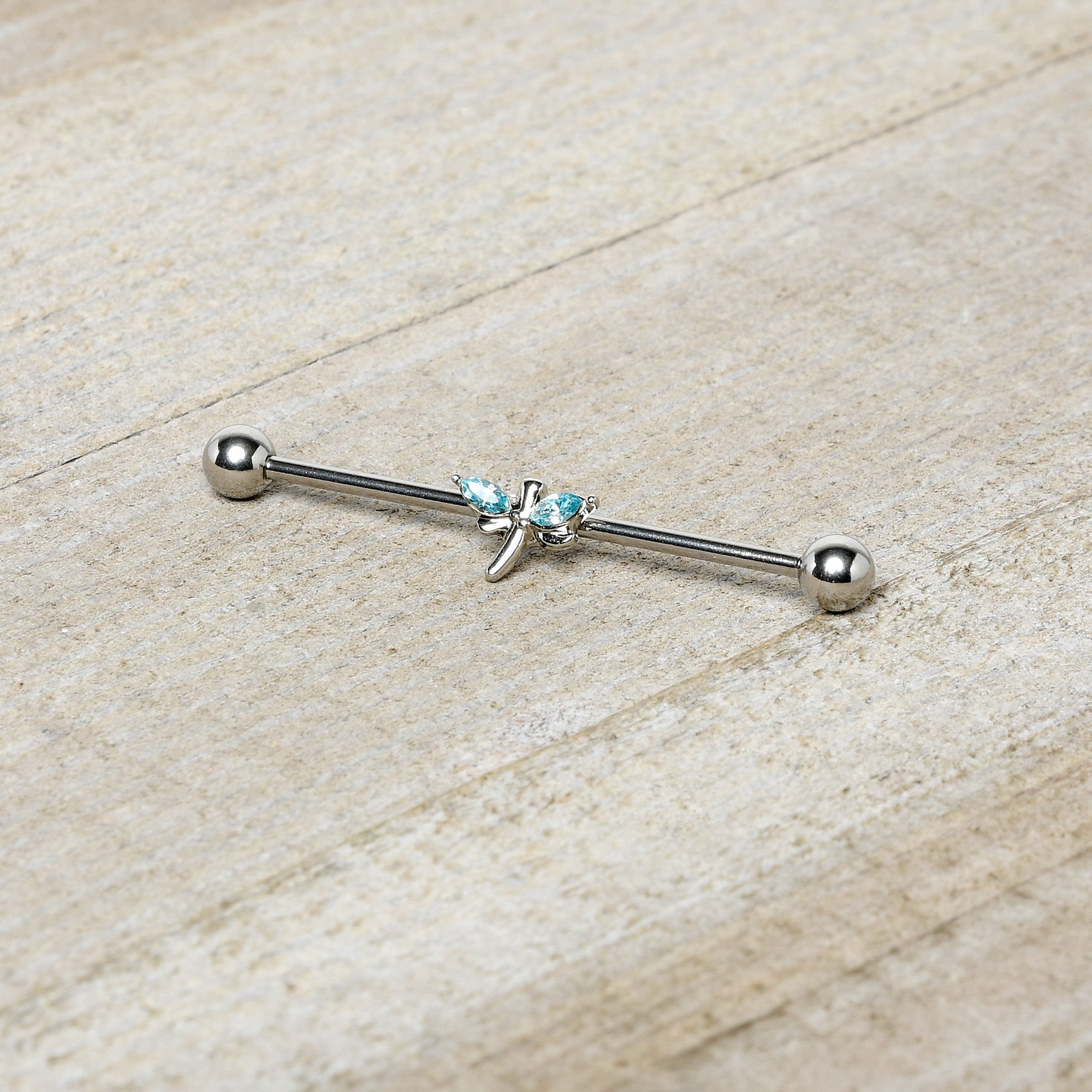 14G Blue Gem Simple Stylized Dragonfly Industrial Barbell 38mm