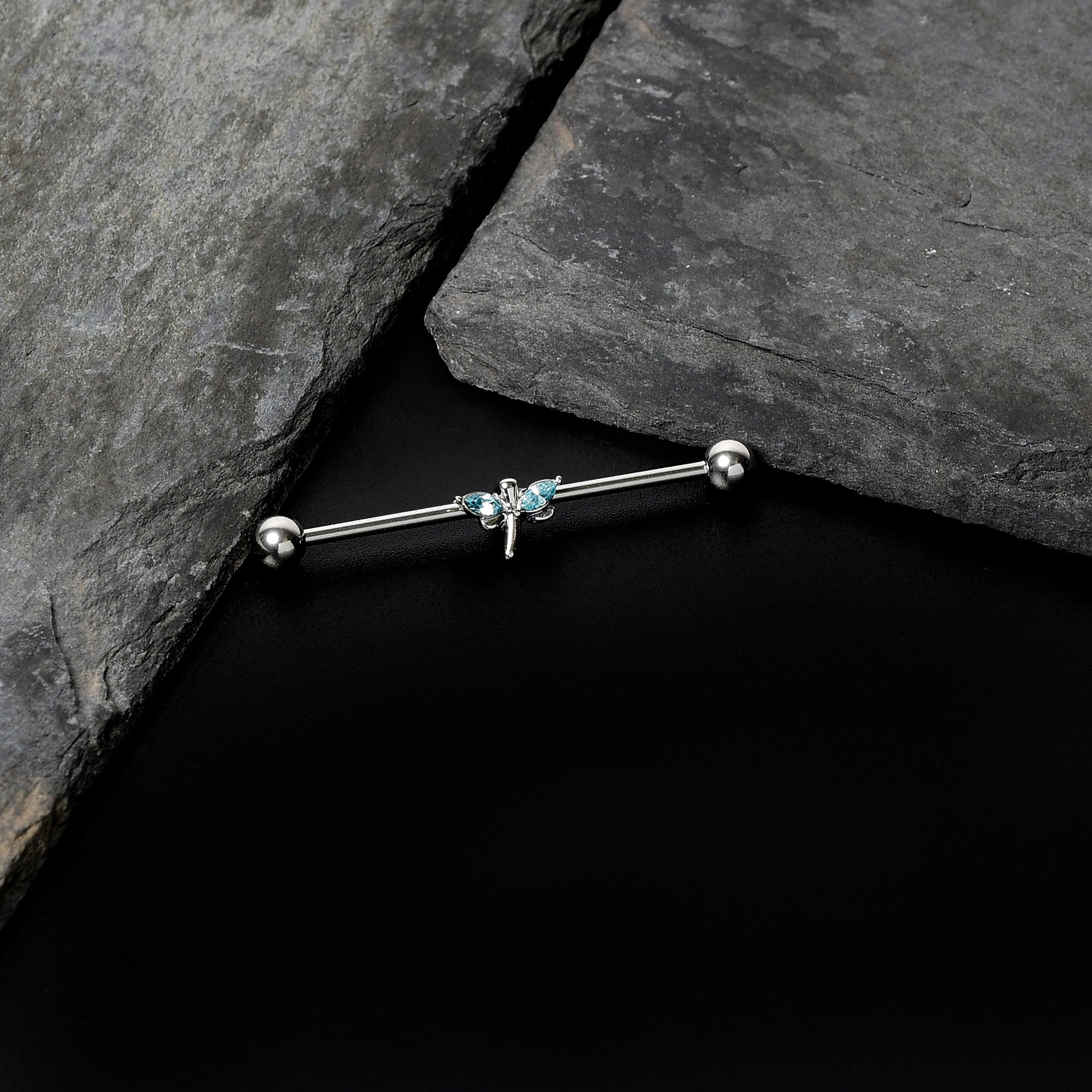 14G Blue Gem Simple Stylized Dragonfly Industrial Barbell 38mm