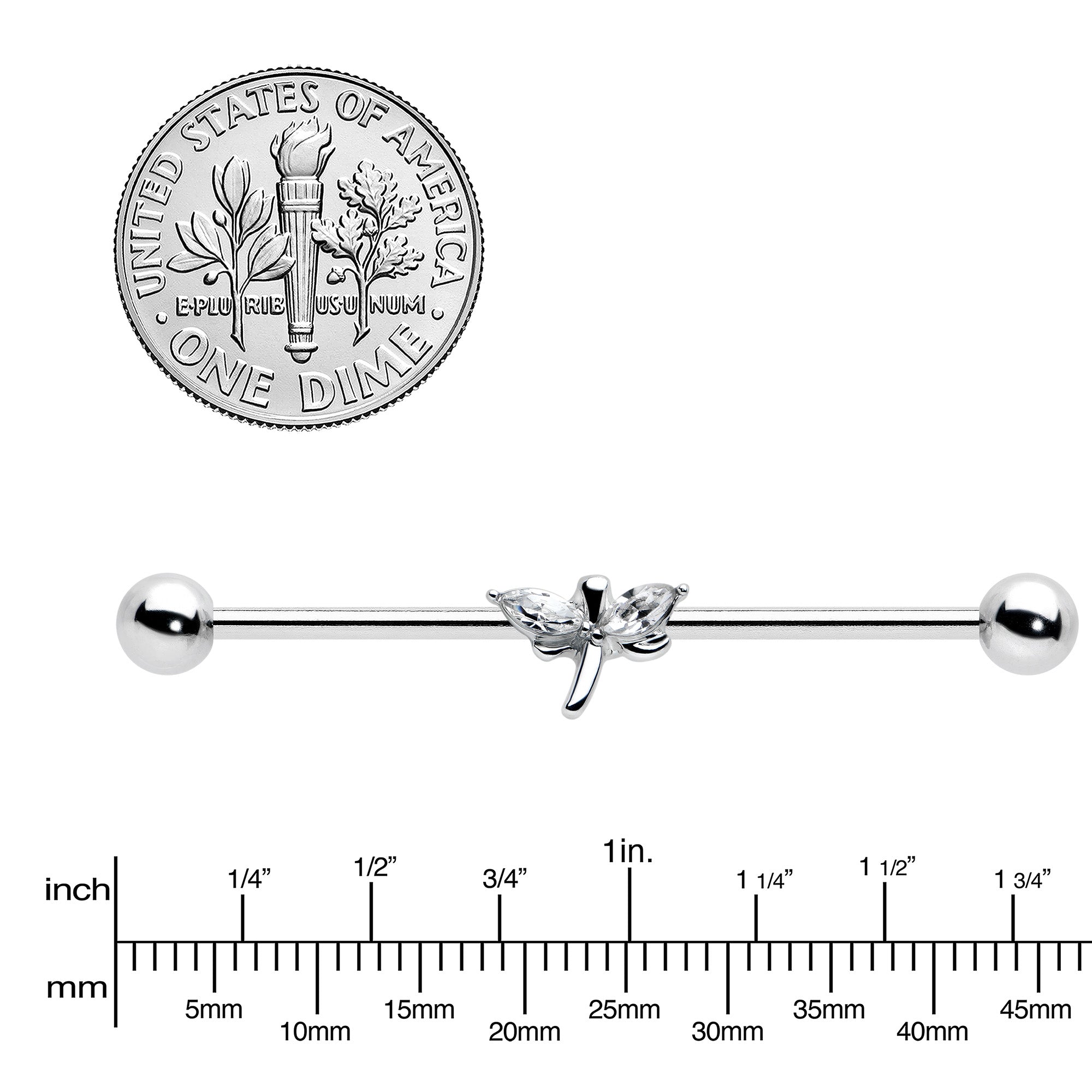 14G Clear Gem Simple Stylized Dragonfly Industrial Barbell 38mm