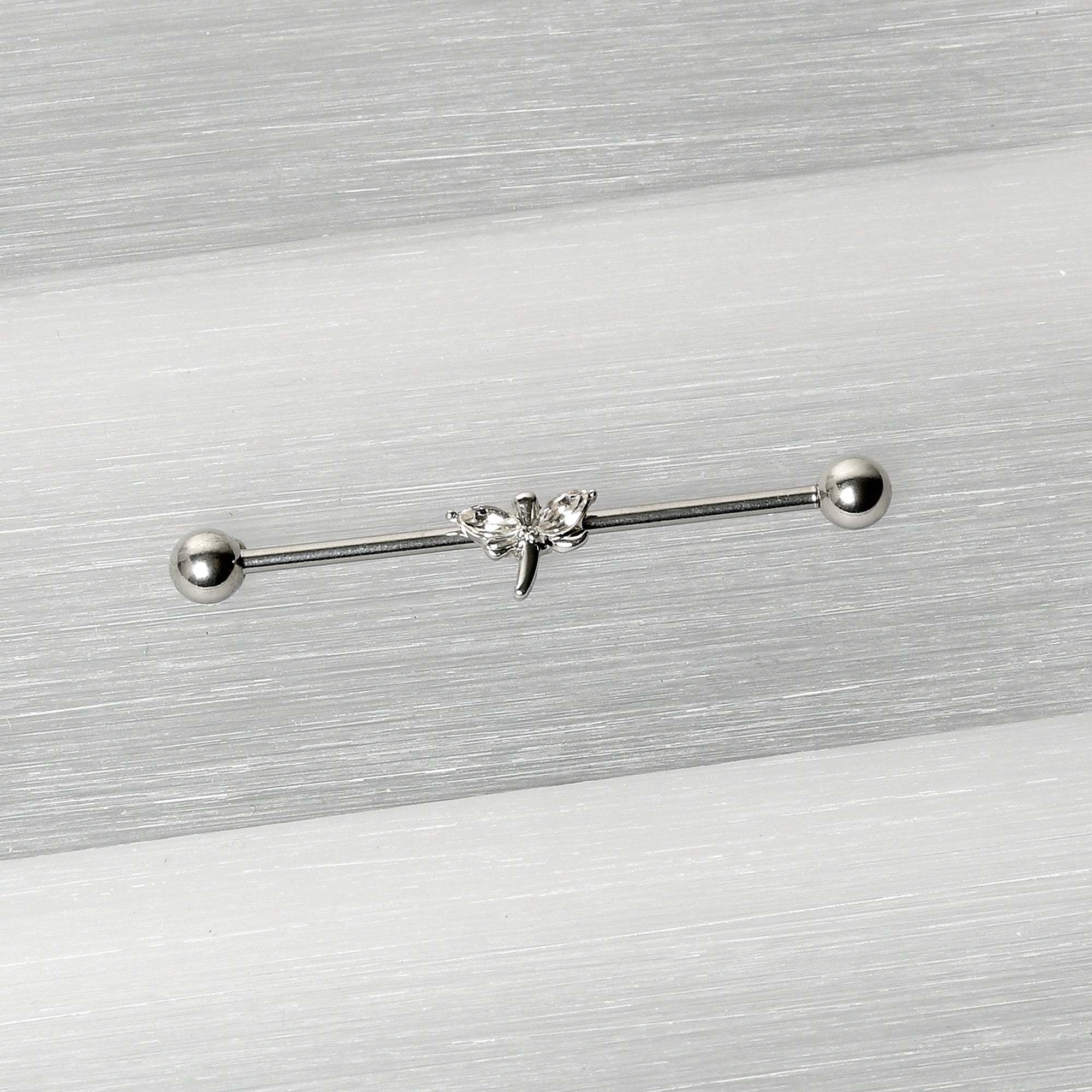 14G Clear Gem Simple Stylized Dragonfly Industrial Barbell 38mm