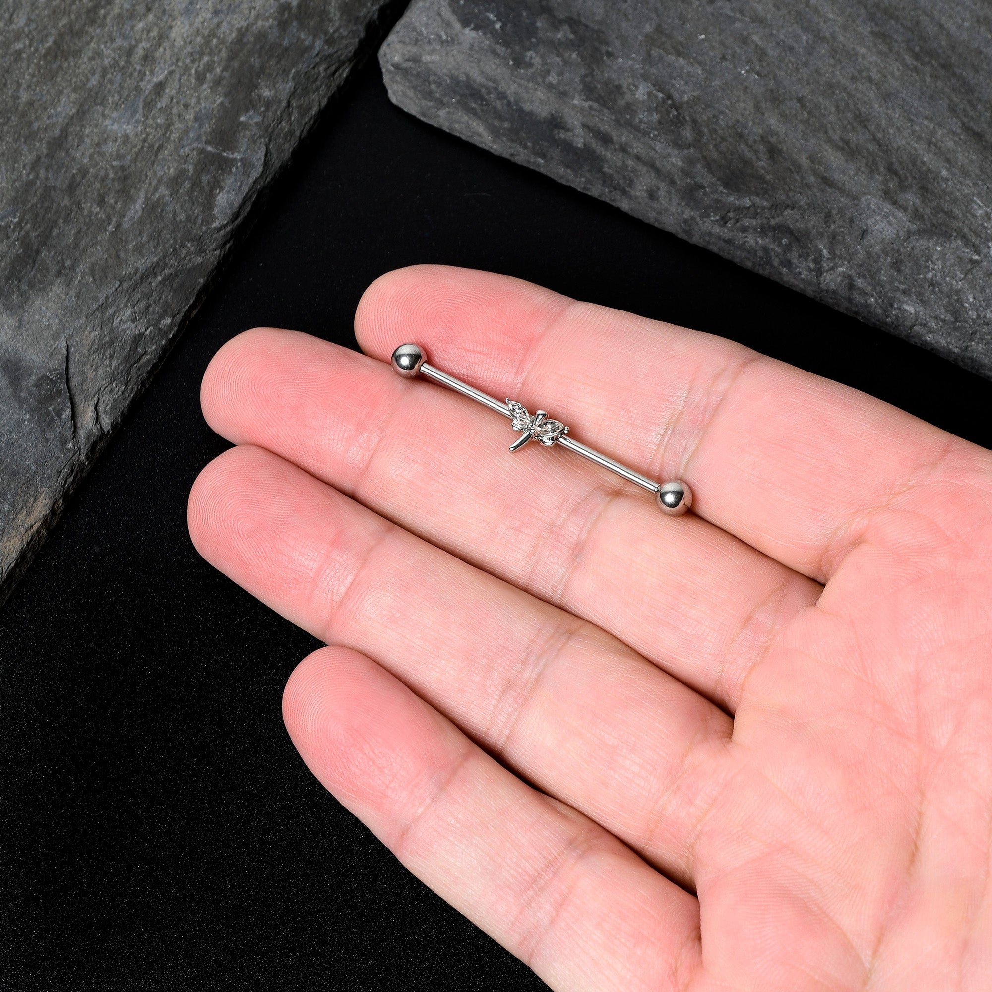 14G Clear Gem Simple Stylized Dragonfly Industrial Barbell 38mm
