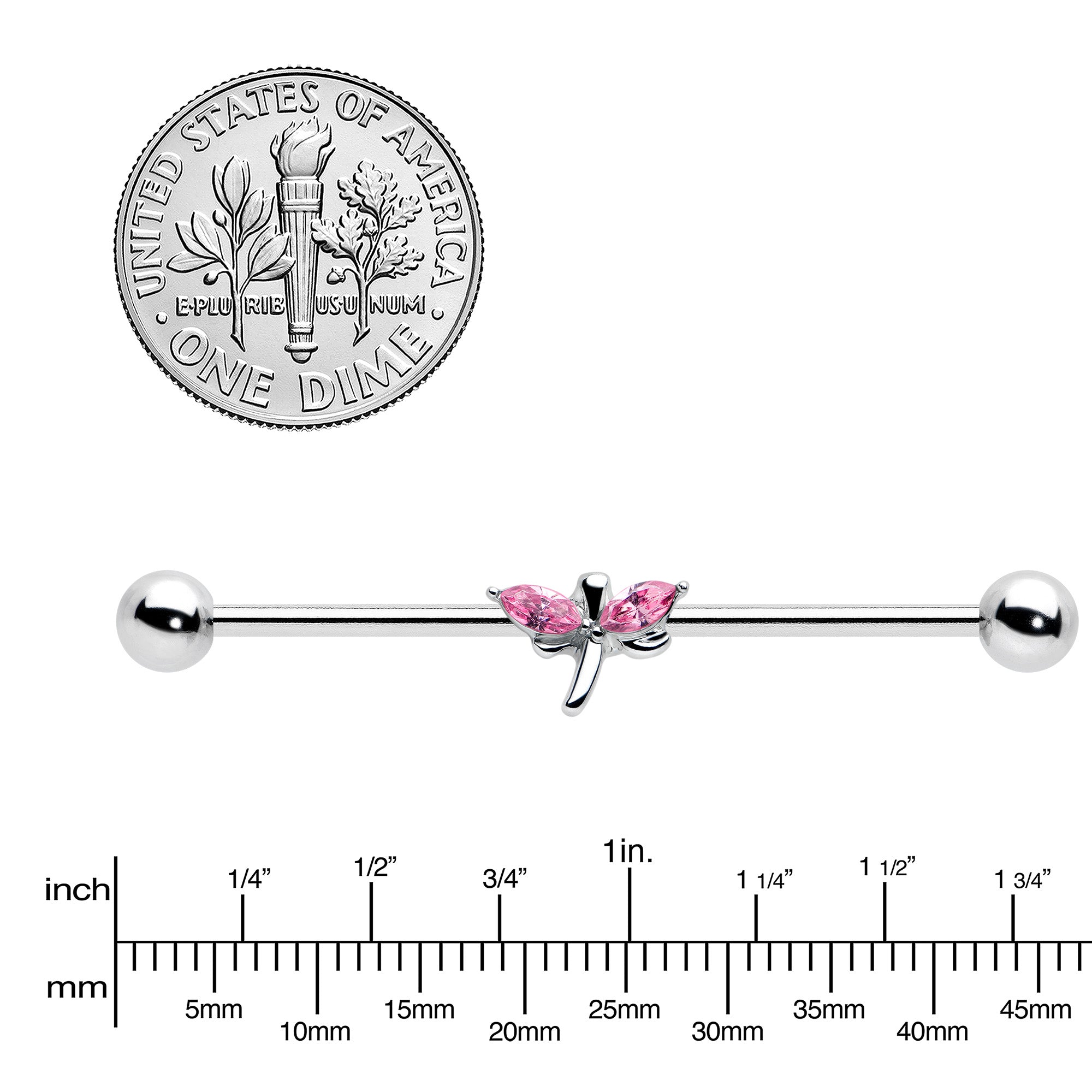 14G Pink Gem Simple Stylized Dragonfly Industrial Barbell 38mm