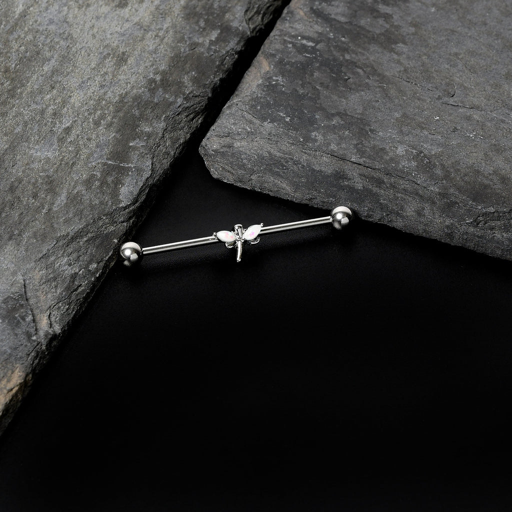 14G White Faux Opal Simple Style Dragonfly Industrial Barbell 38mm