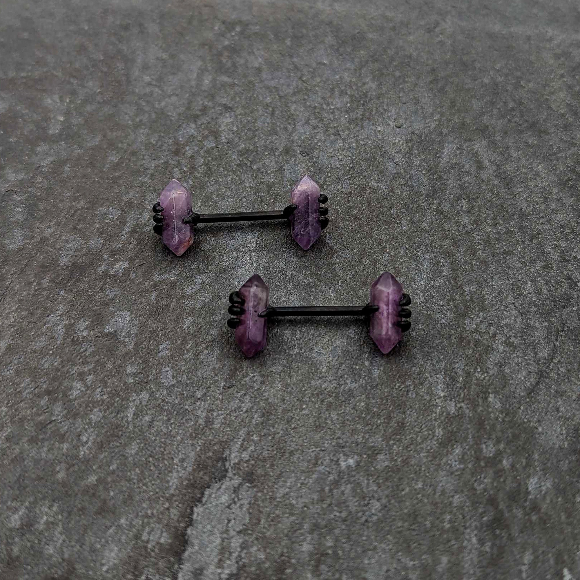 14G 9/16 Purple Amethyst Black Claw Obelisk Barbell Nipple Ring Set