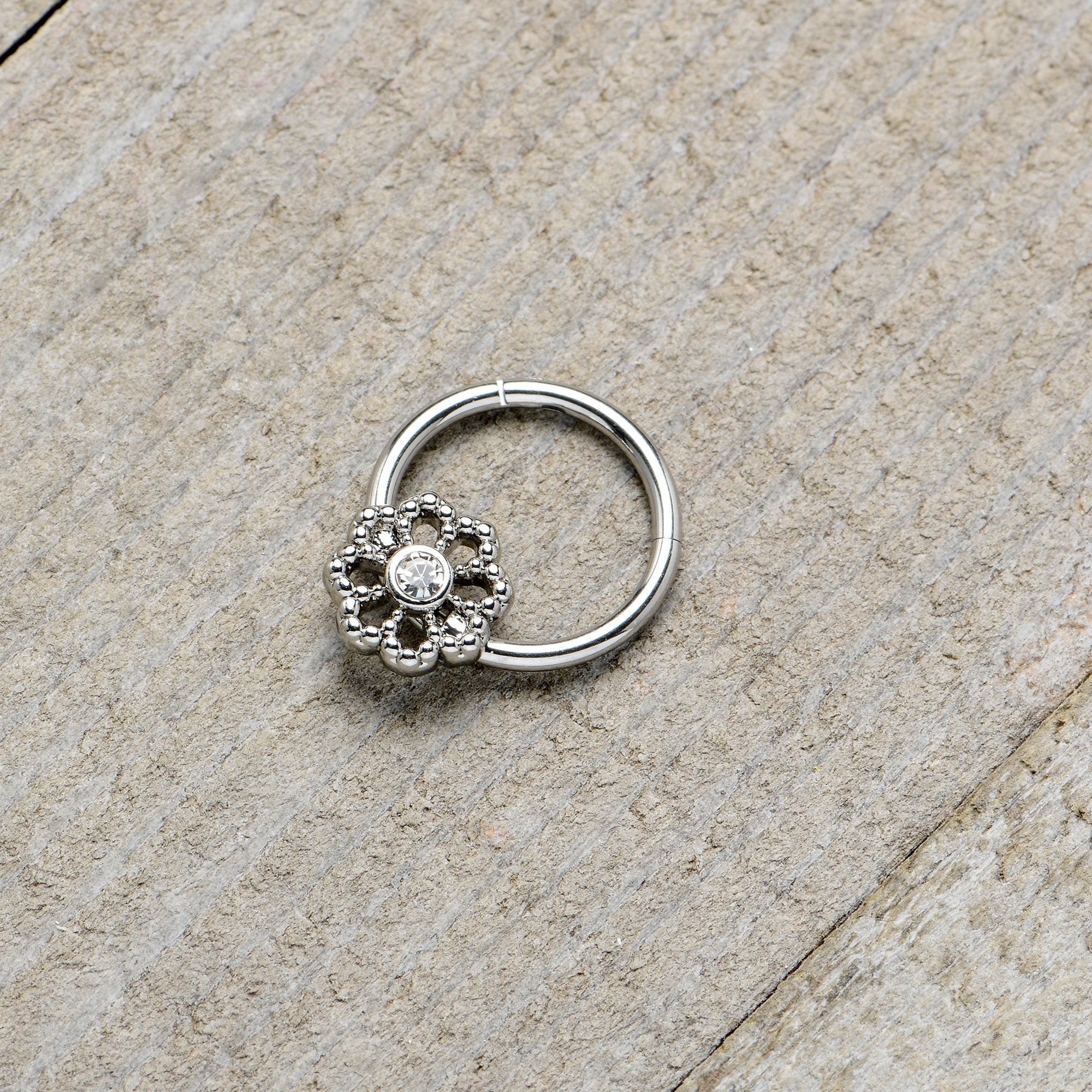 16G 3/8 Clear Gem Epic Fabulous Flower Hinged Segment Ring