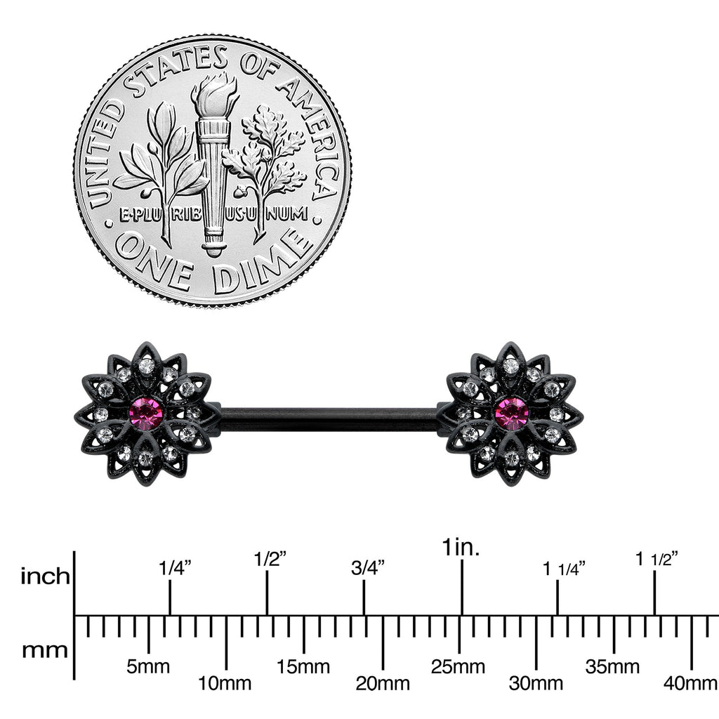 14G 9/16 Clear Gem Black Midnight Flower Barbell Nipple Ring Set