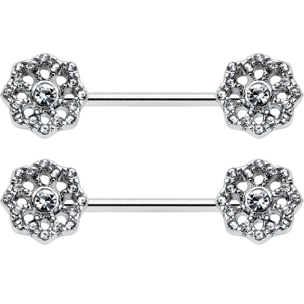 14G 9/16 Clear Gem Epic Fabulous Flower Barbell Nipple Ring Set
