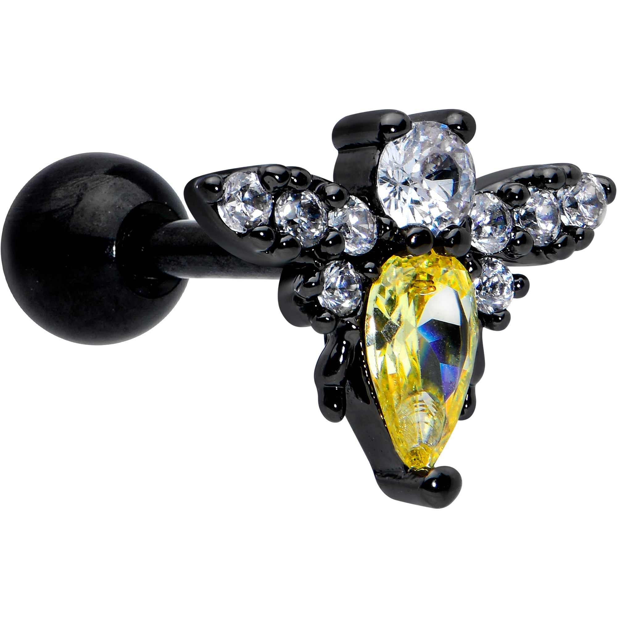 16G 1/4 Clear Yellow Gem Black Butterfly Cartilage Tragus Earring
