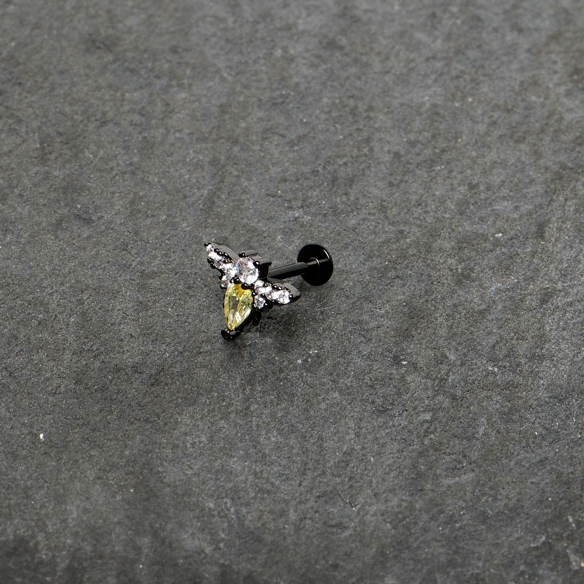 16G 5/16 Clear Yellow Gem Black Butterfly Labret Monroe Tragus