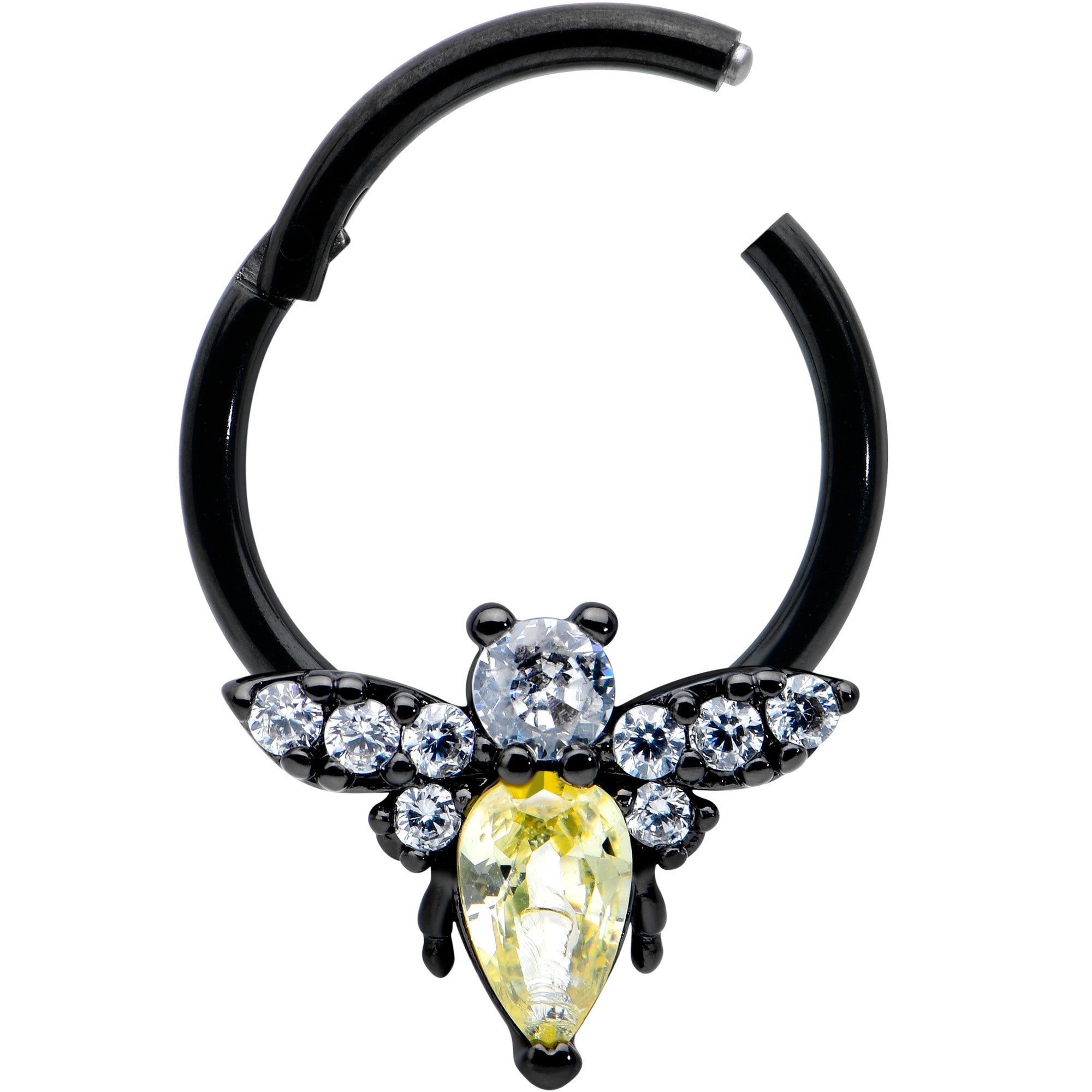 16G 3/8 Yellow Clear Gem Black Butterfly Hinged Segment Ring