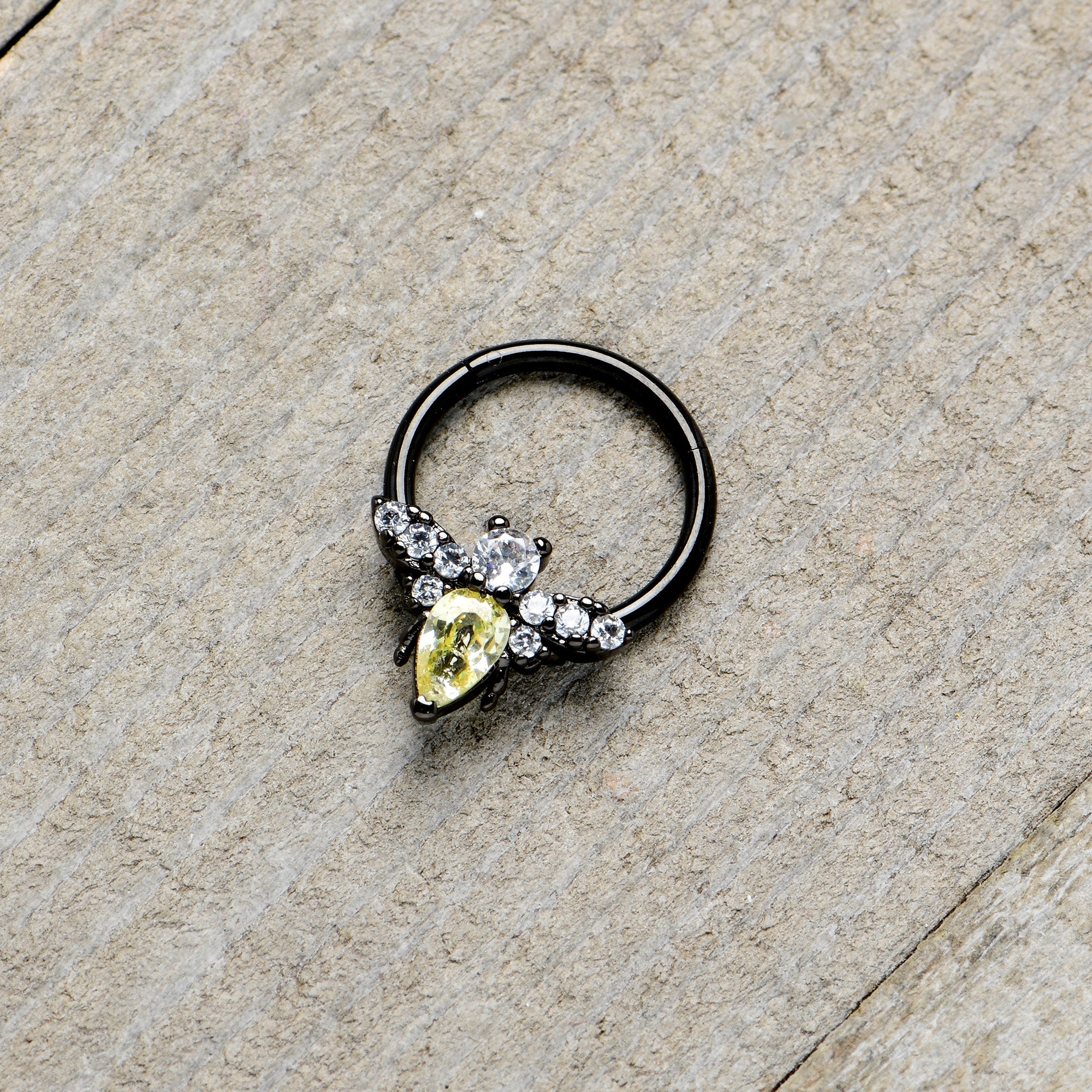 16G 3/8 Yellow Clear Gem Black Butterfly Hinged Segment Ring