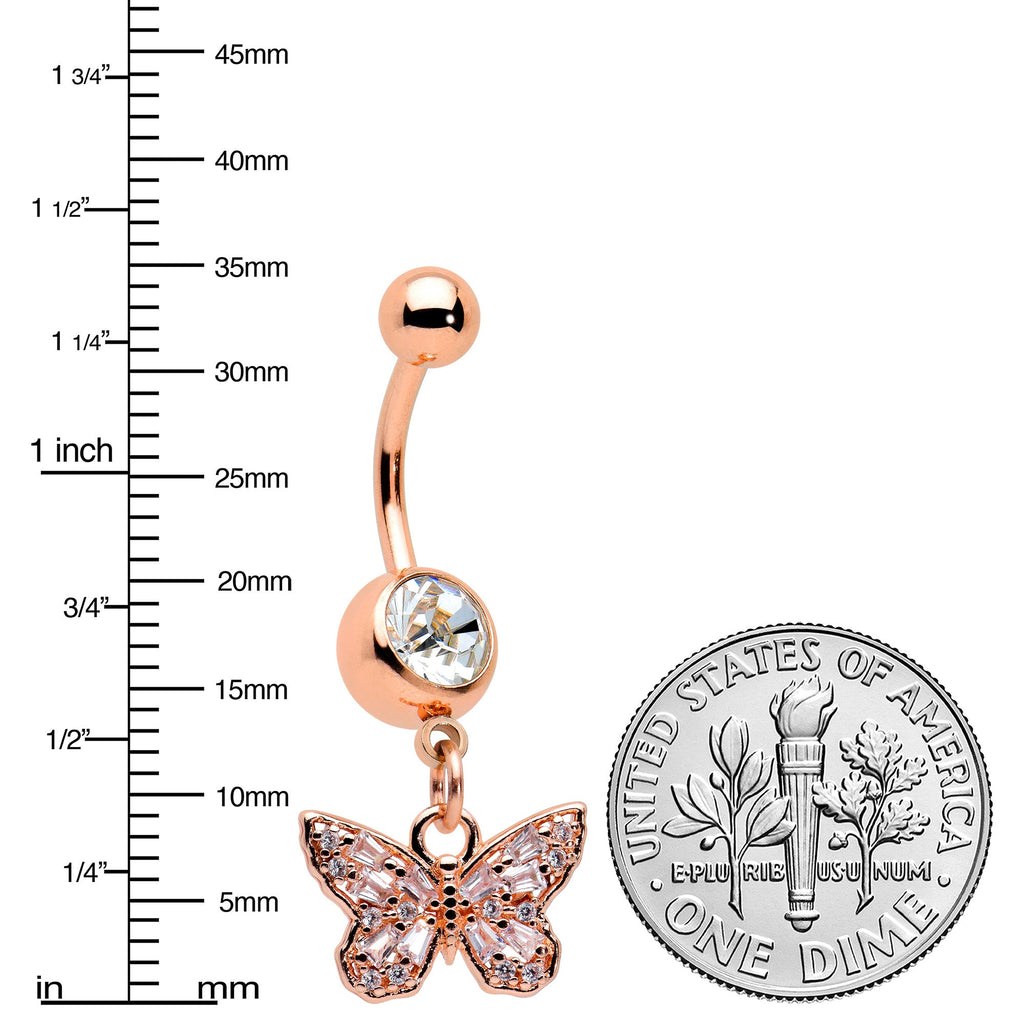 Clear Gem Rose Gold Tone Baroque Butterfly Rococo Dangle Belly Ring