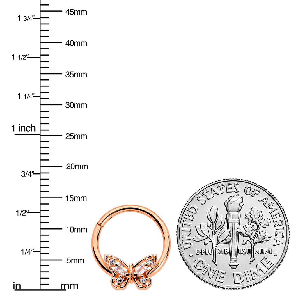 16G 3/8 Clear Gem Rosy Tone Baroque Butterfly Hinged Segment Ring